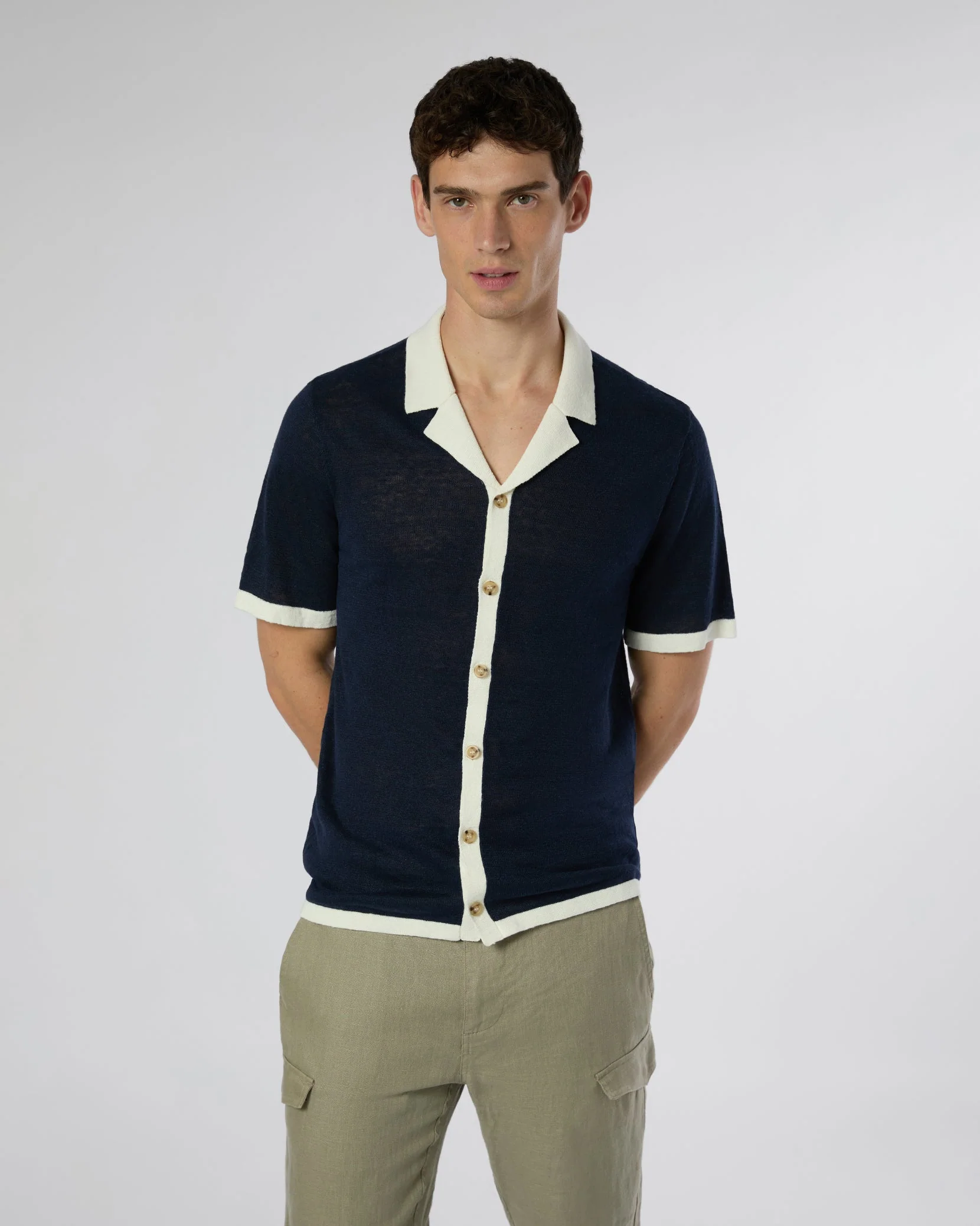 Mens | Linen Knit Camp Shirt | Deep Navy/White - Image 2