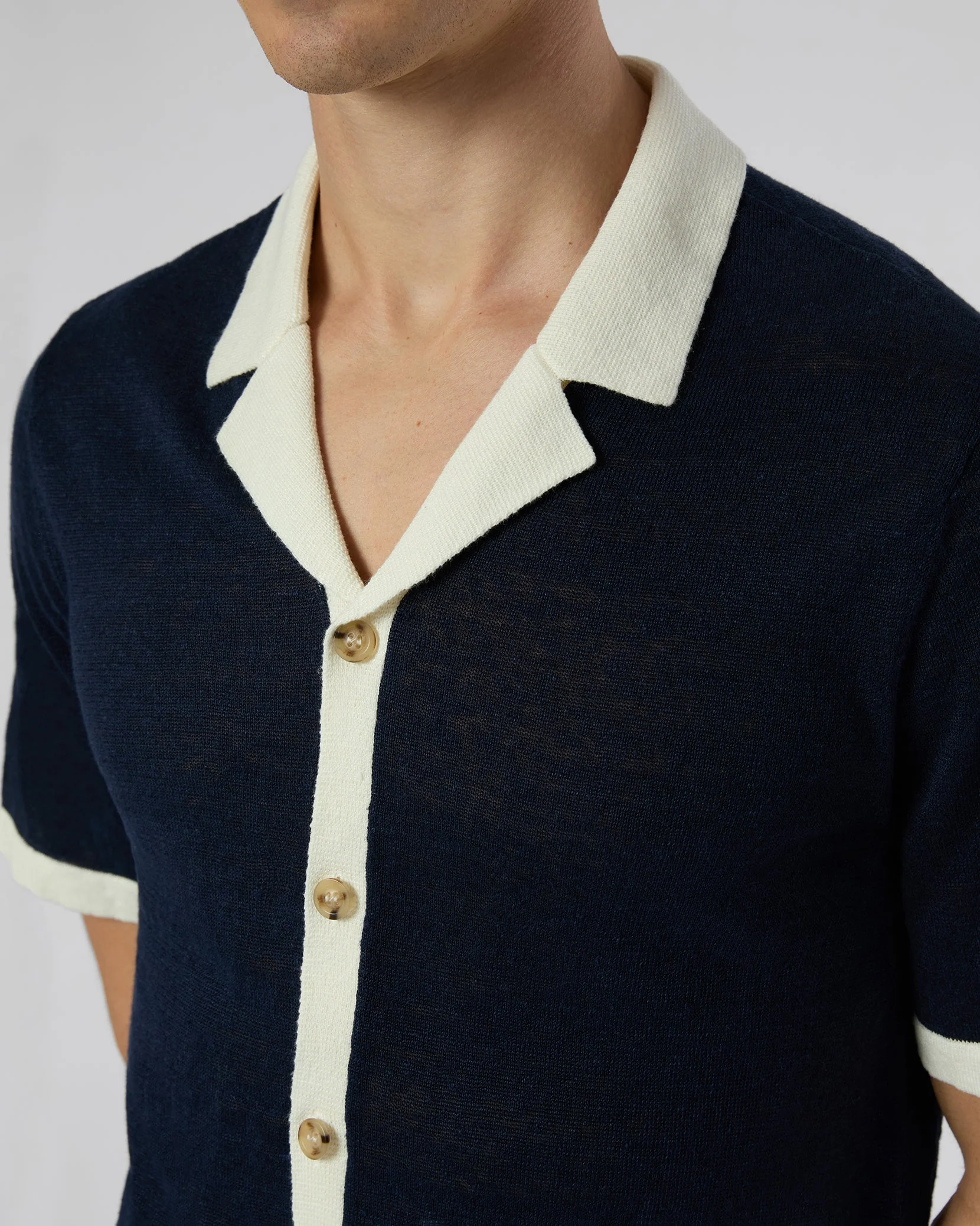 Mens | Linen Knit Camp Shirt | Deep Navy/White - Image 3