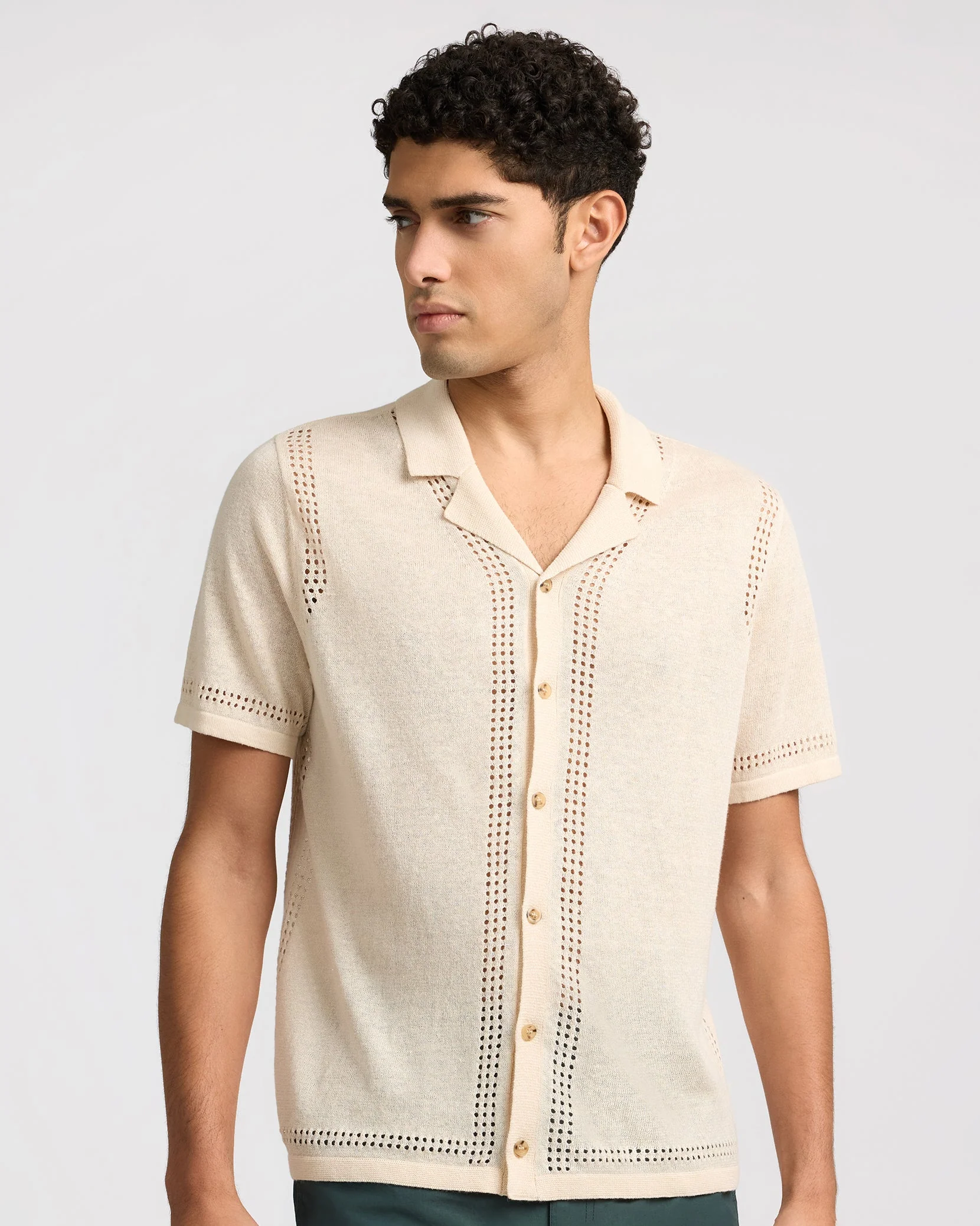 Mens | Linen Knit Camp Shirt | Natural Melange - Image 2