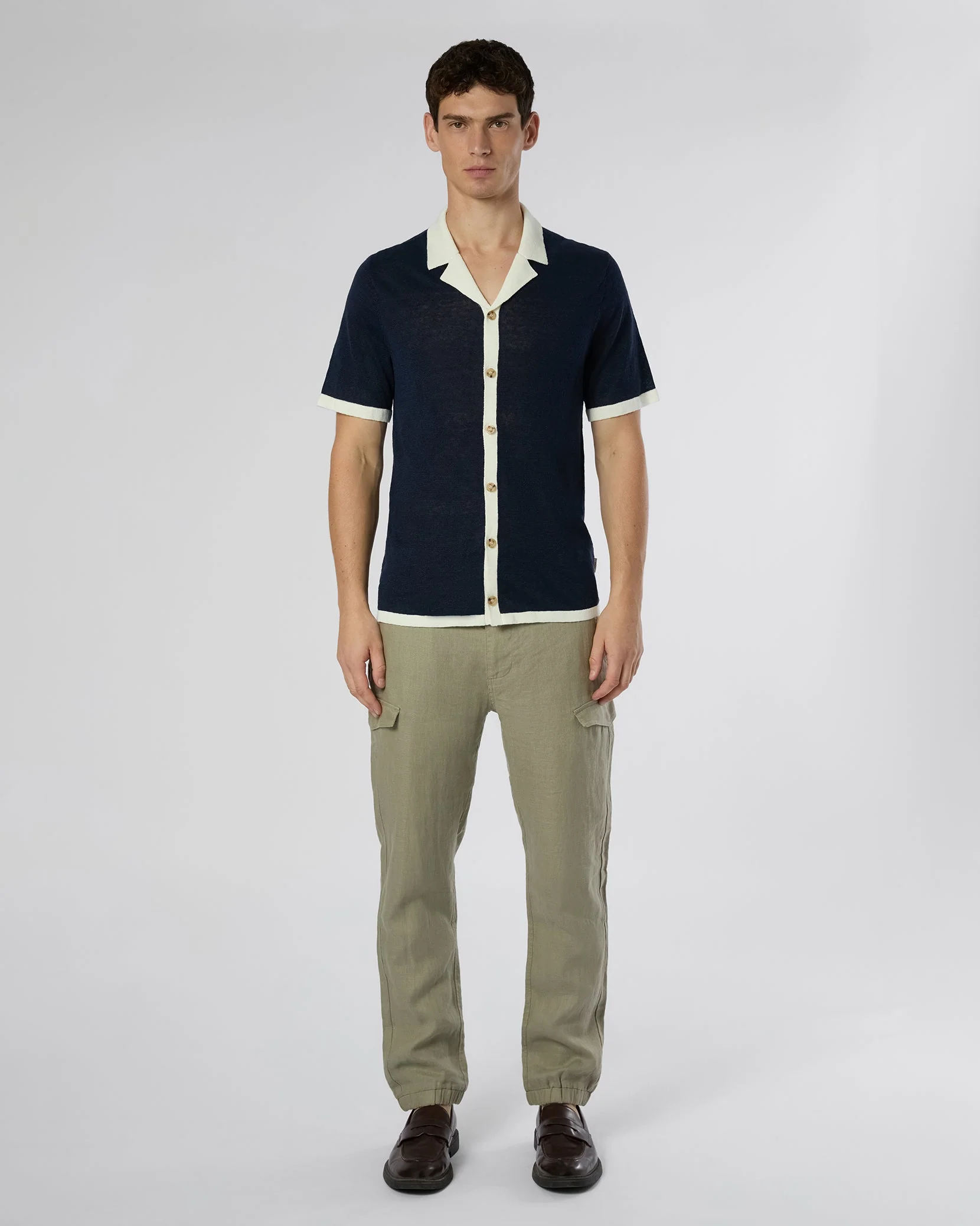 Mens | Linen Knit Camp Shirt | Deep Navy/White - Image 4