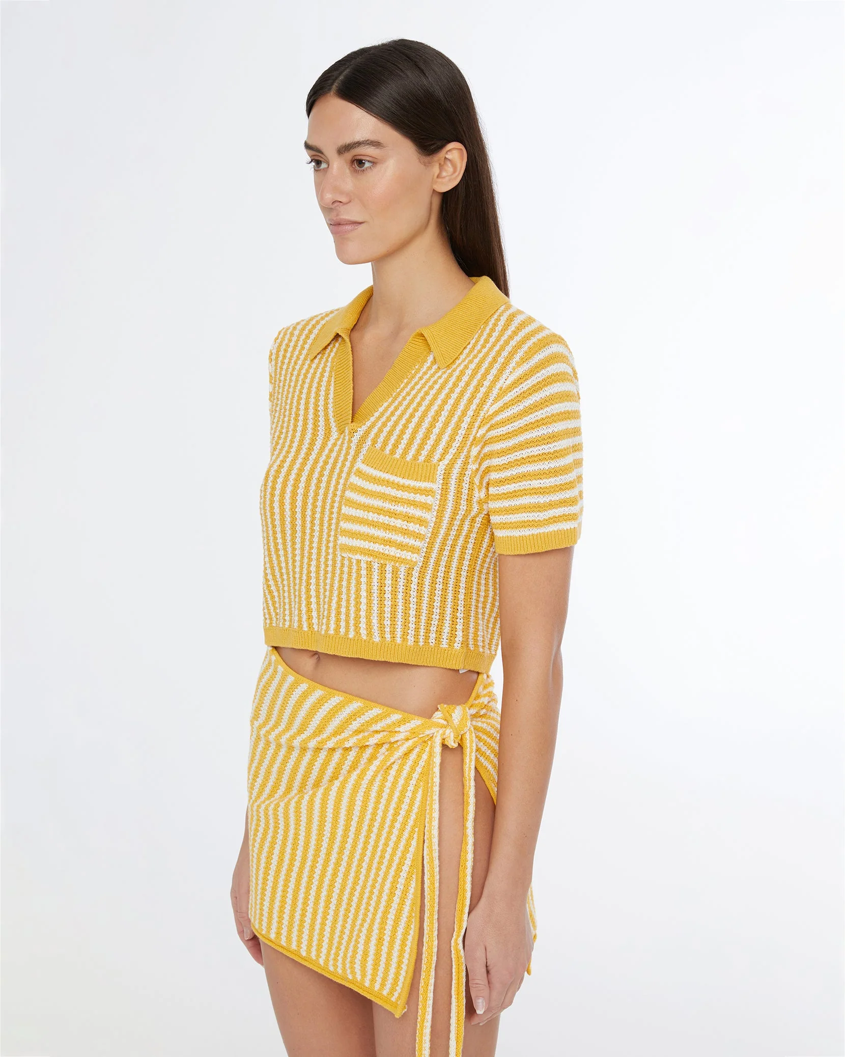 Womens | Linen Knit Cropped Polo | Burnt Sun/White - Image 3