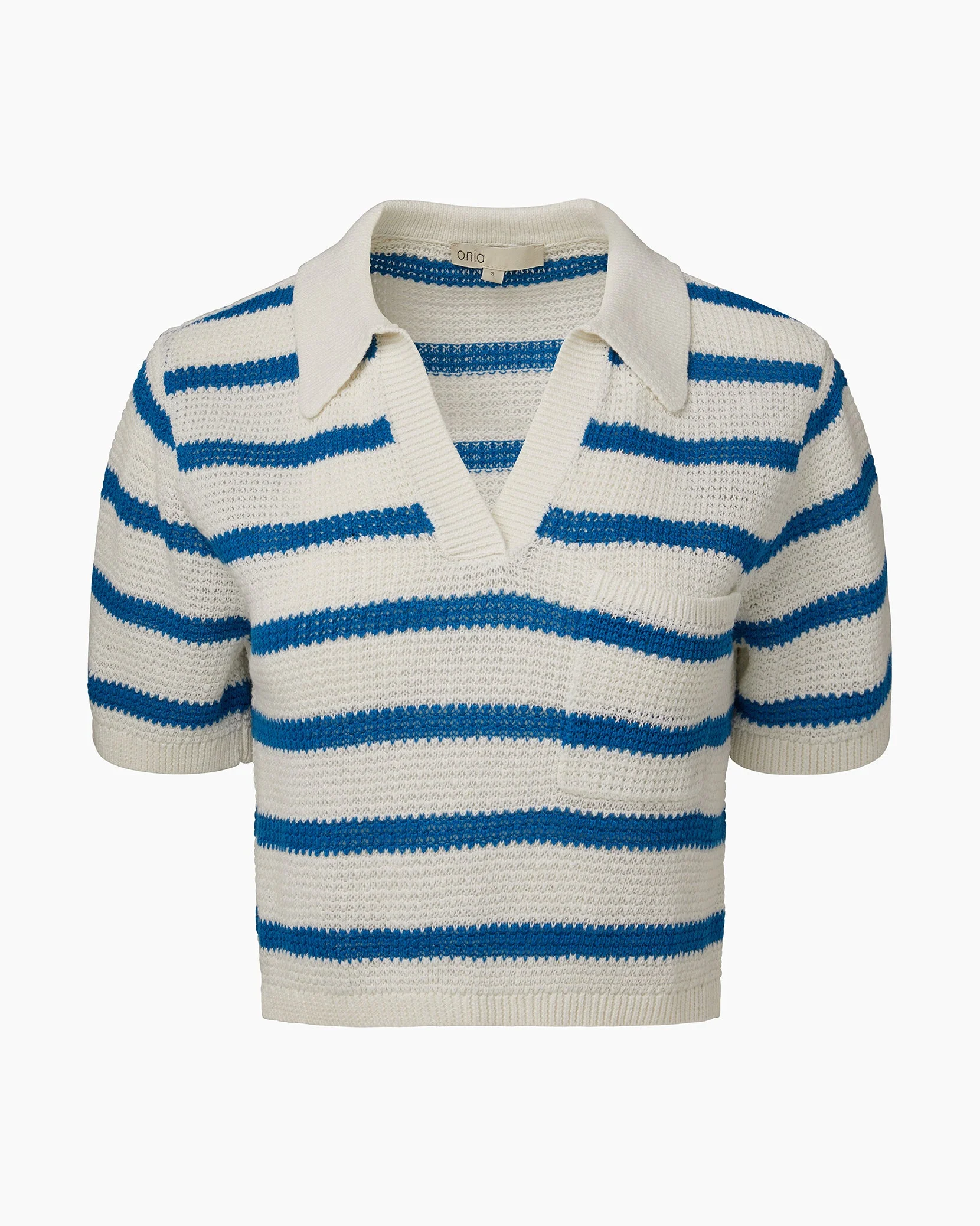 Womens | Linen Knit Cropped Polo | White/Mykonos Blue - Image 2