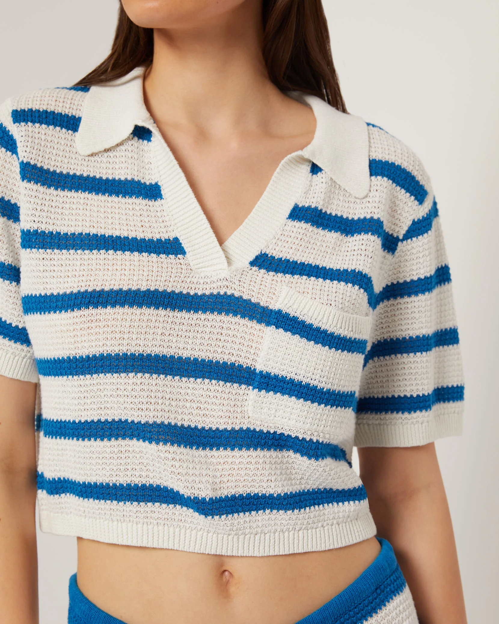 Womens | Linen Knit Cropped Polo | White/Mykonos Blue - Image 4