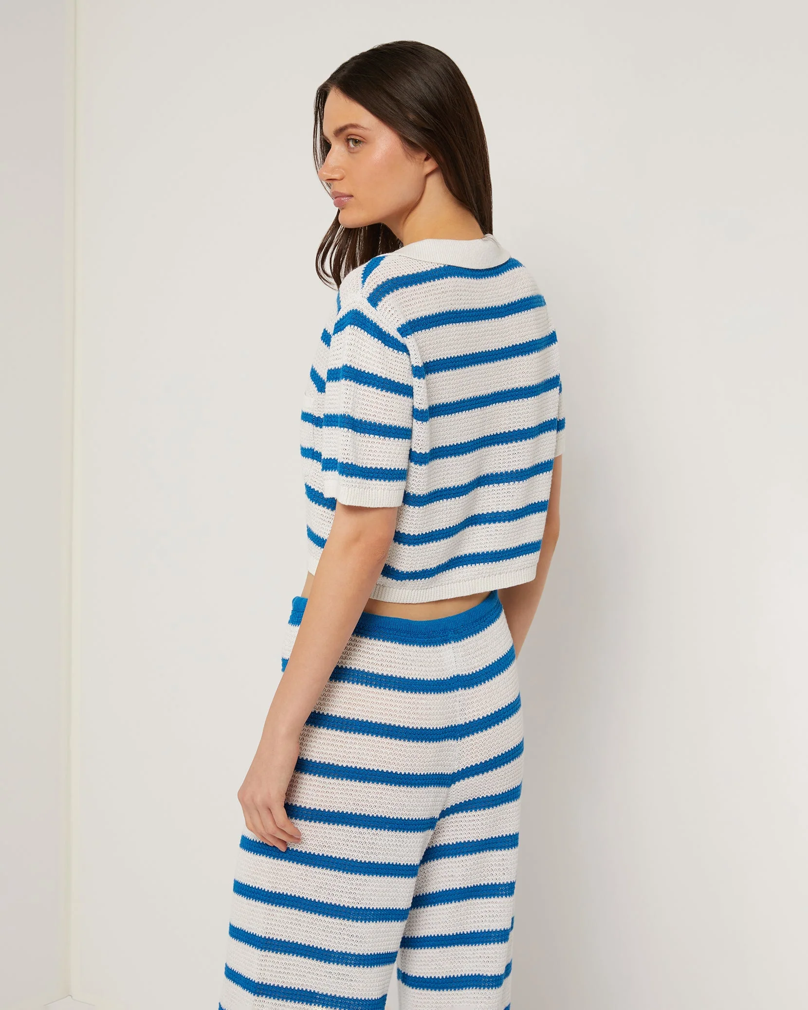 Womens | Linen Knit Cropped Polo | White/Mykonos Blue - Image 5
