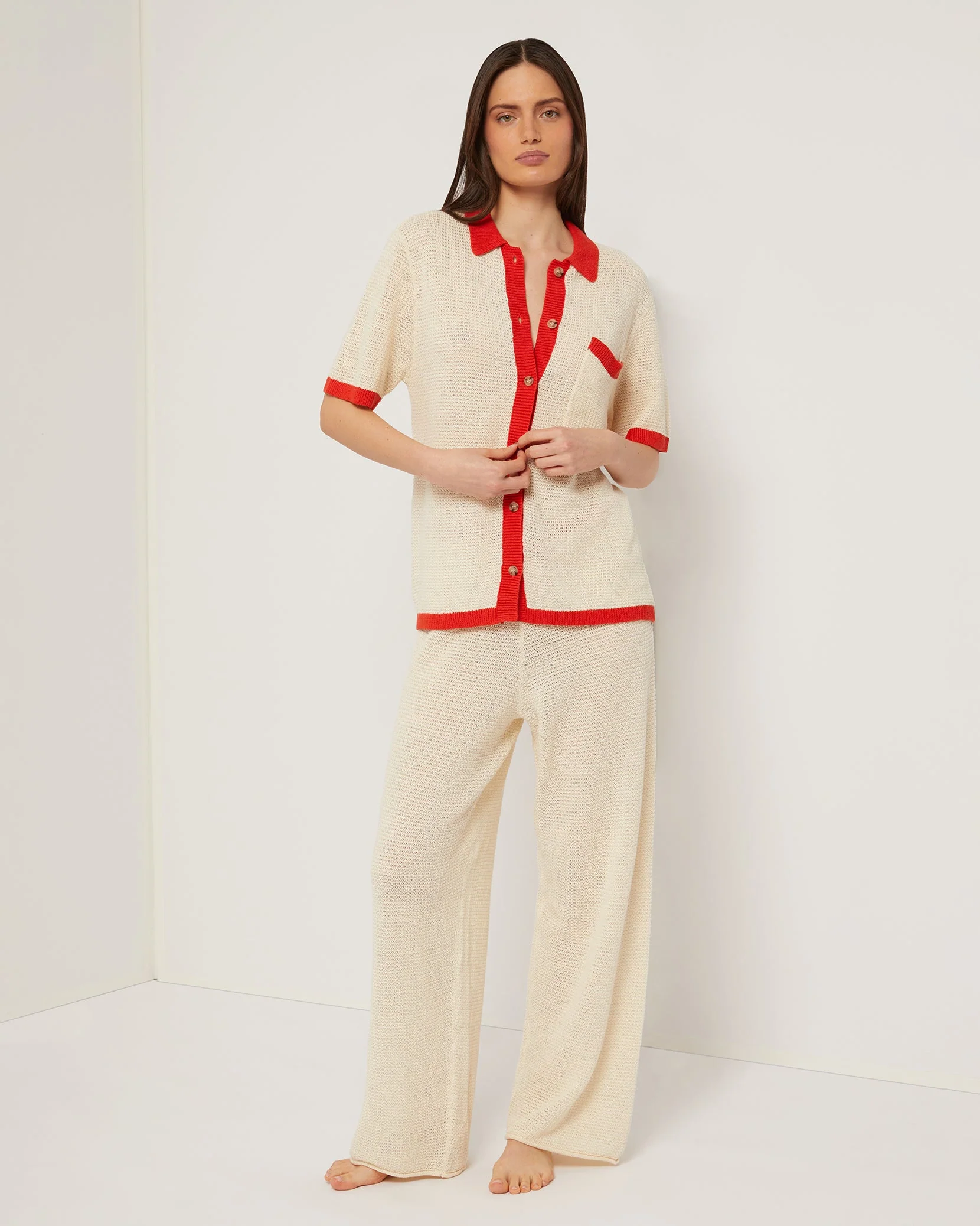 Womens | Linen Knit Drawstring Pant | Cream/Poinciana - Image 3