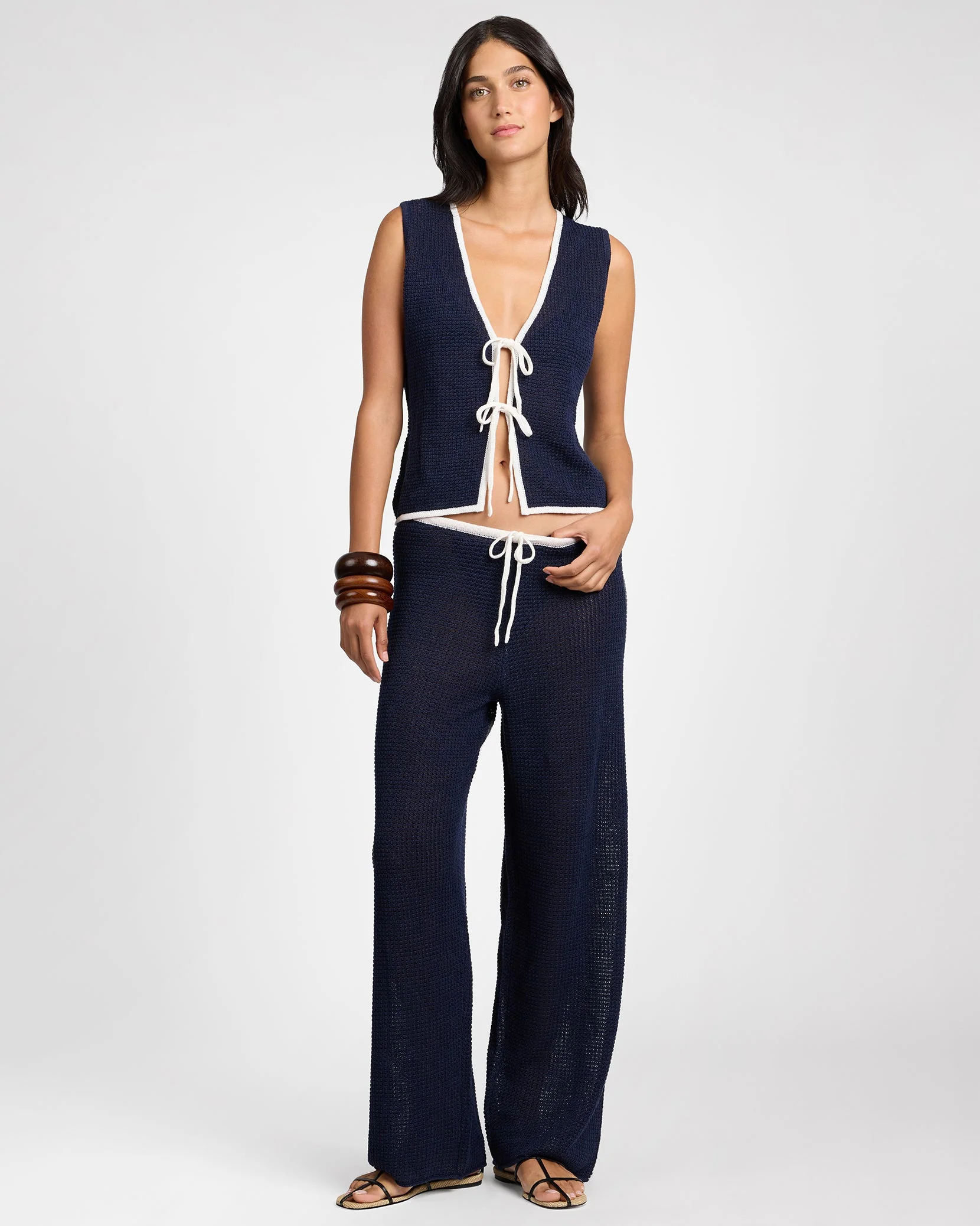 Womens | Linen Knit Drawstring Pant | Noir Navy/Egret - Image 3