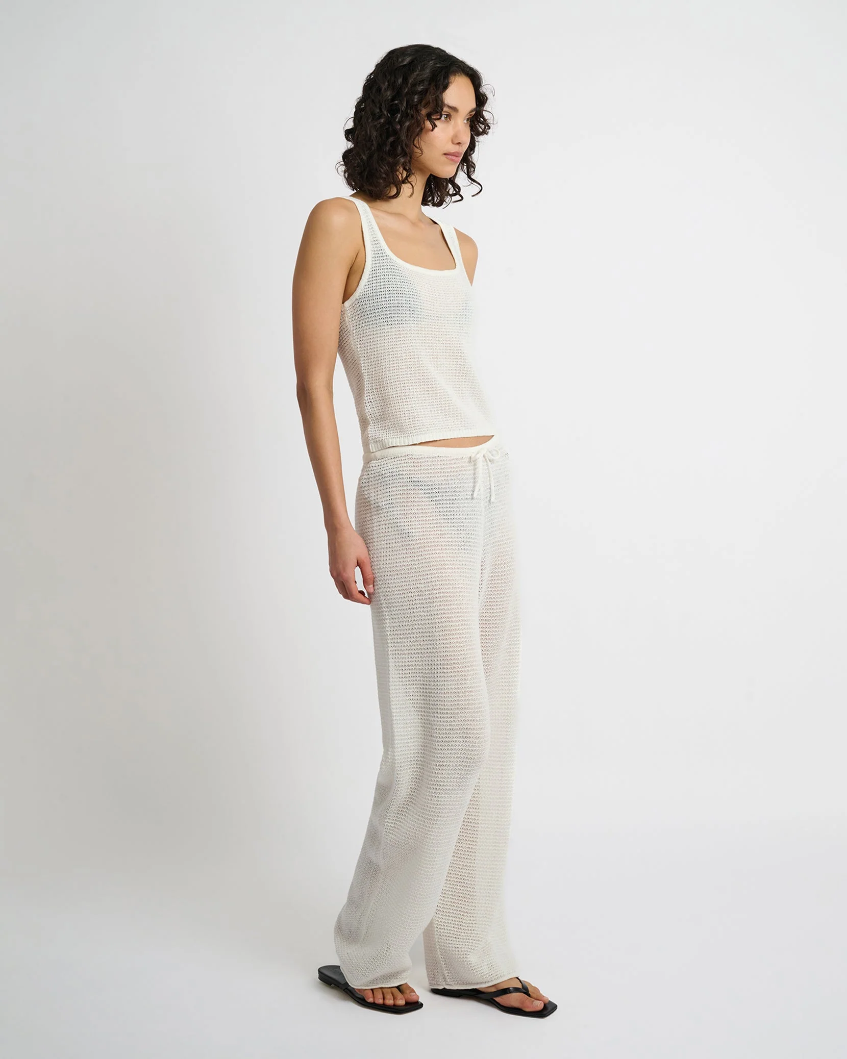 Womens | Linen Knit Drawstring Pant | White - Image 3