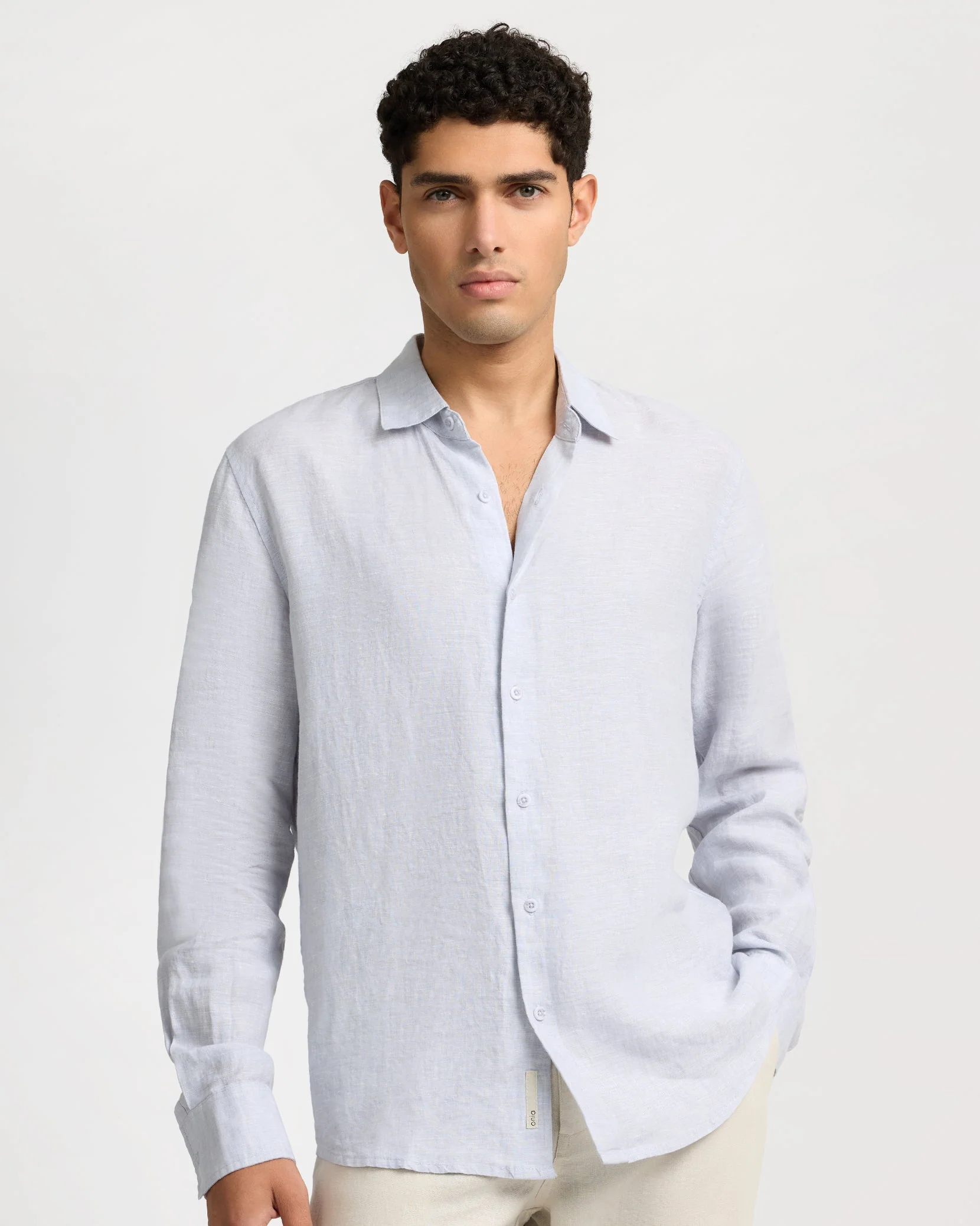 Mens | Linen Long Sleeve Shirt | Light Grey - Image 3