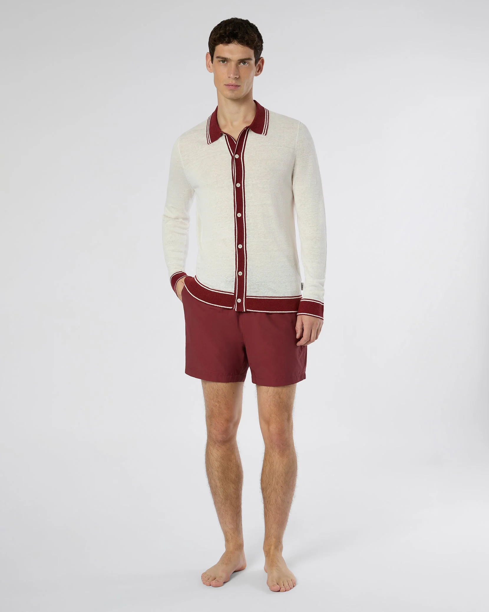 Mens | Linen Long Sleeve Sweater Polo | Salt/Brick - Image 4