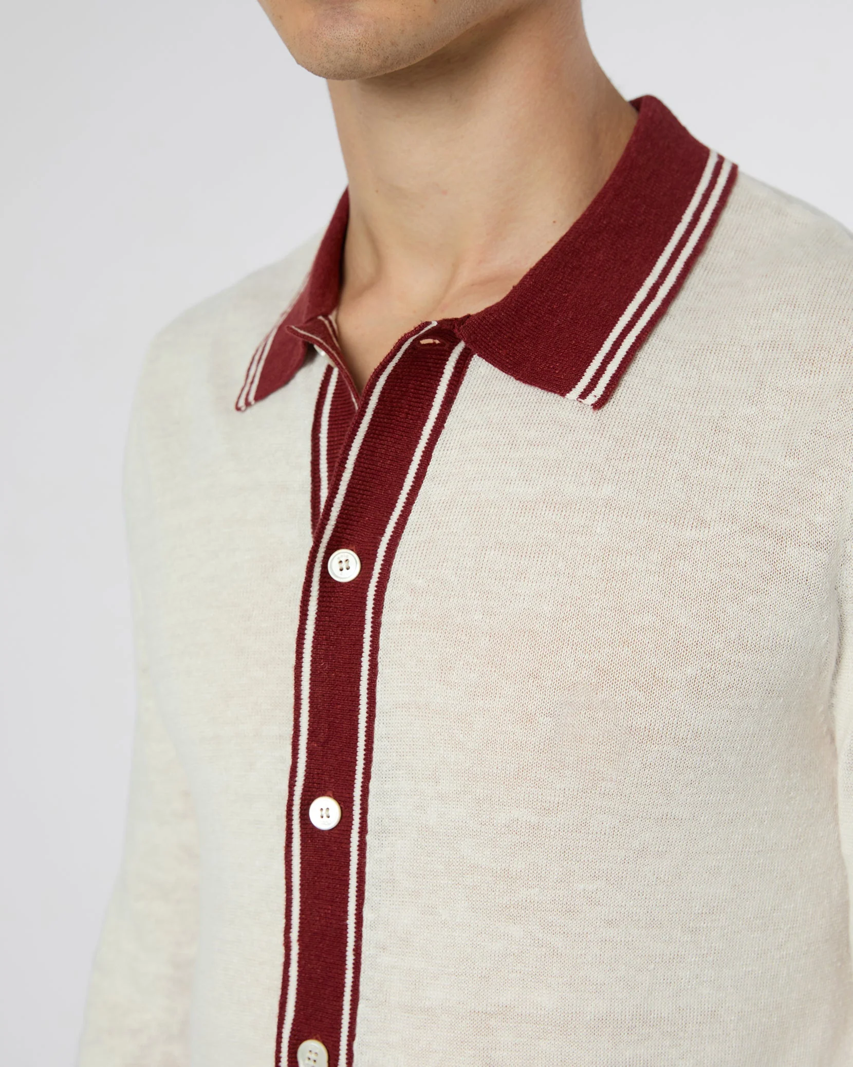 Mens | Linen Long Sleeve Sweater Polo | Salt/Brick - Image 5