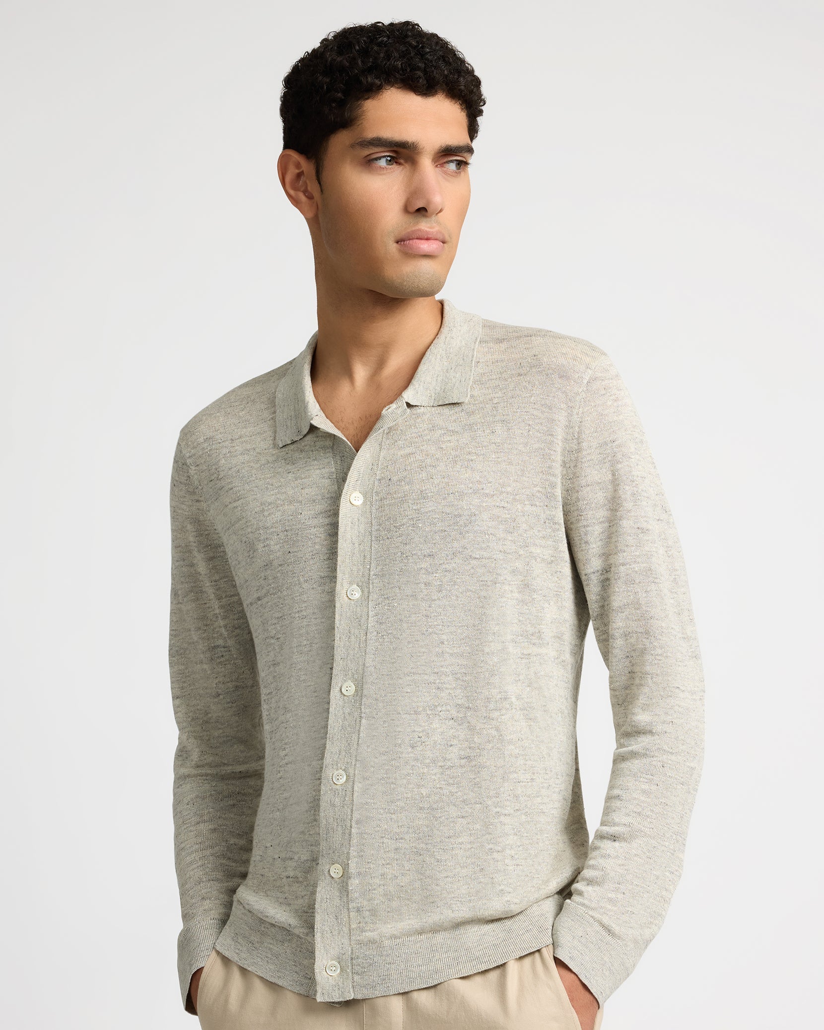 Mens | Linen Long Sleeve Sweater Polo | Light Grey Melange - Image 2