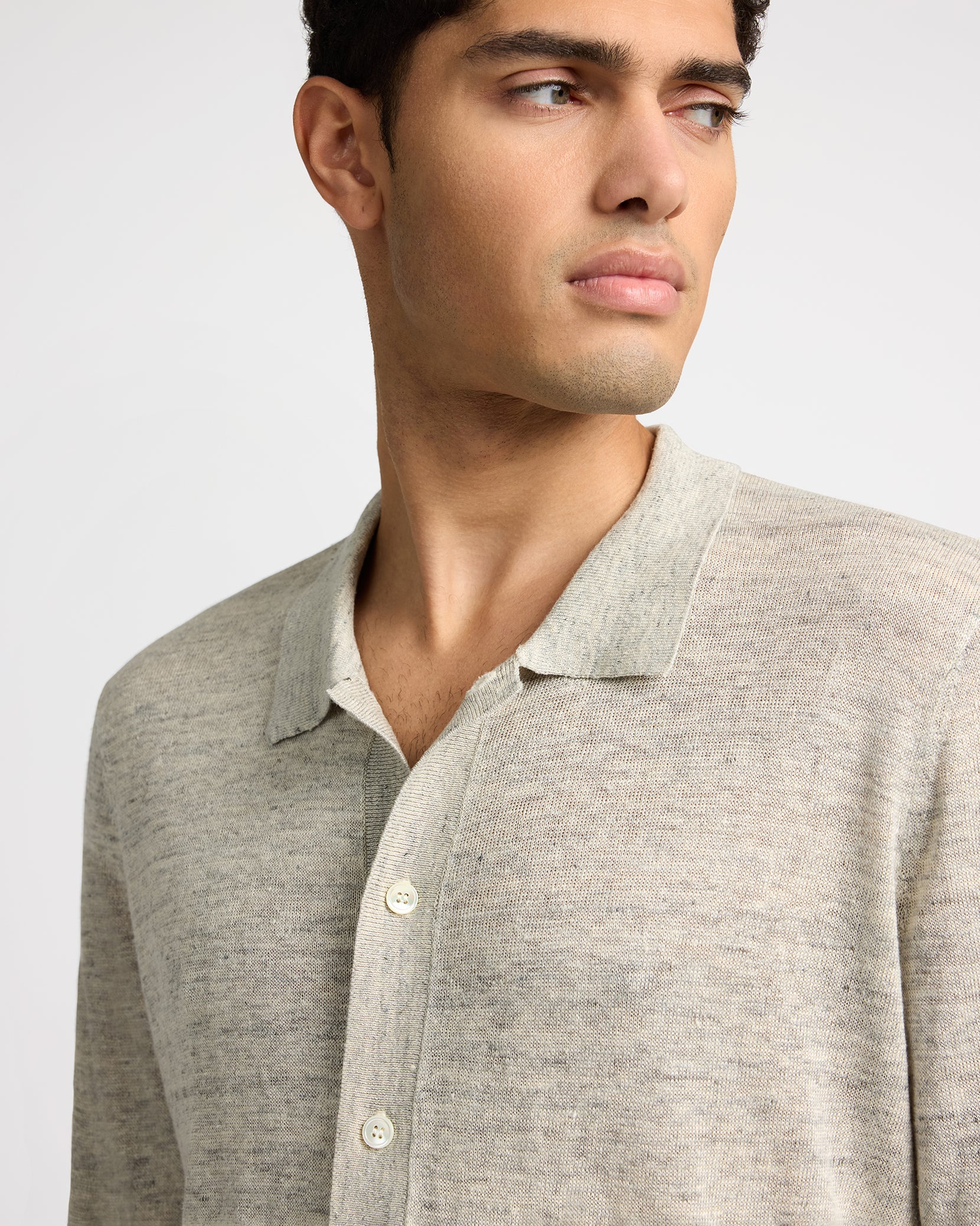 Mens | Linen Long Sleeve Sweater Polo | Light Grey Melange - Image 3