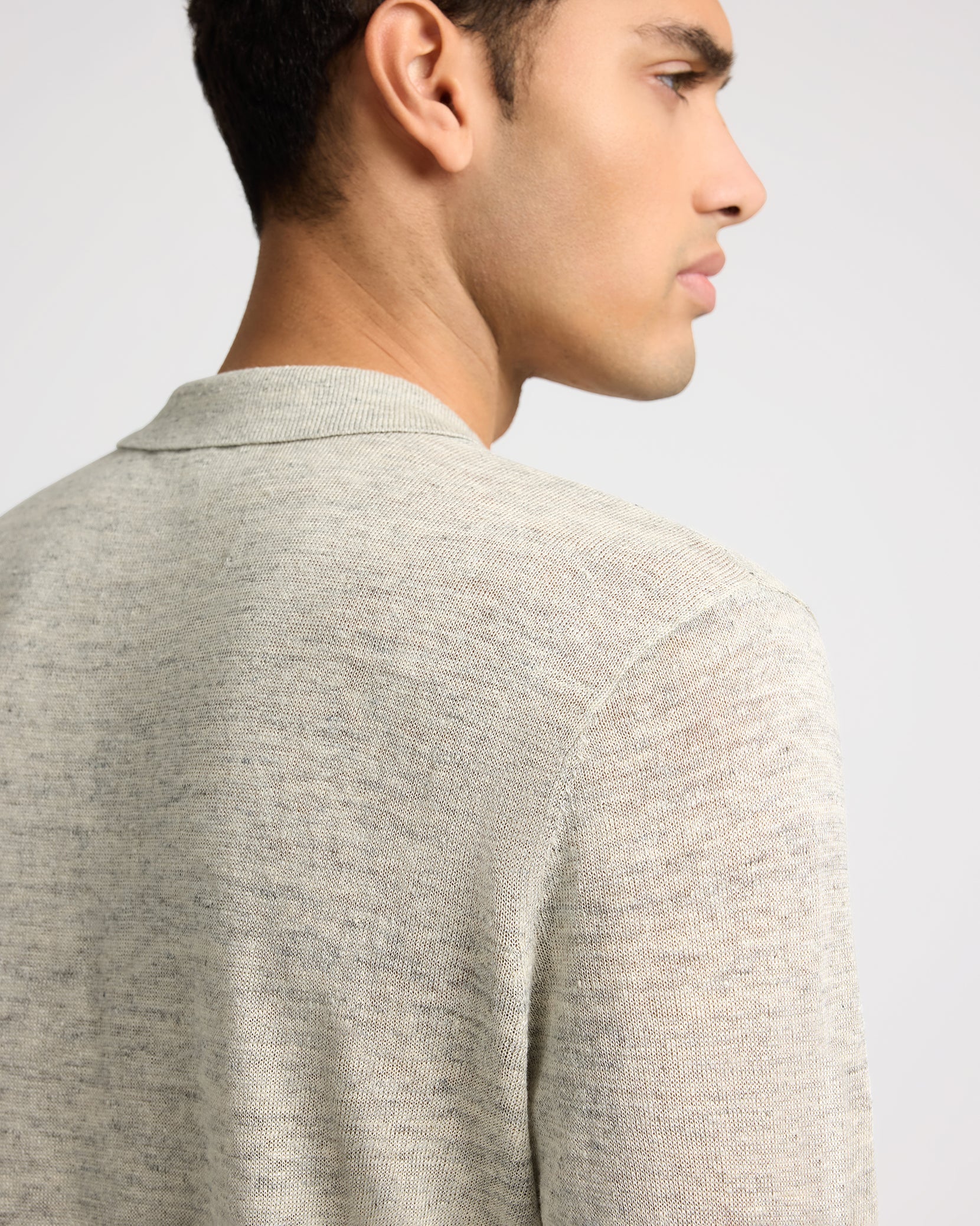 Mens | Linen Long Sleeve Sweater Polo | Light Grey Melange - Image 5