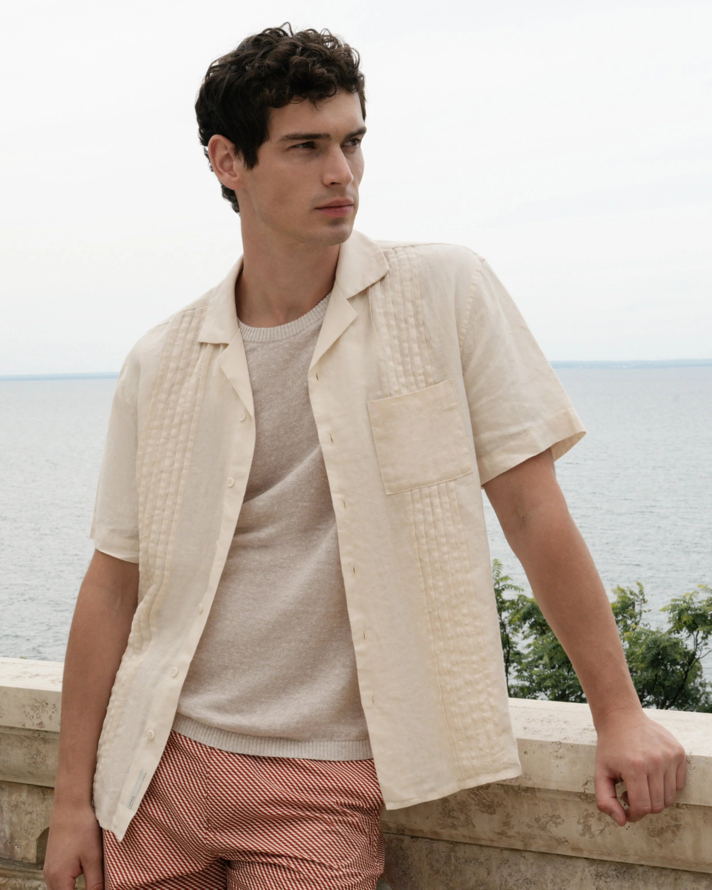 Mens | Linen Pintuck Camp Shirt | Natural - Image 2