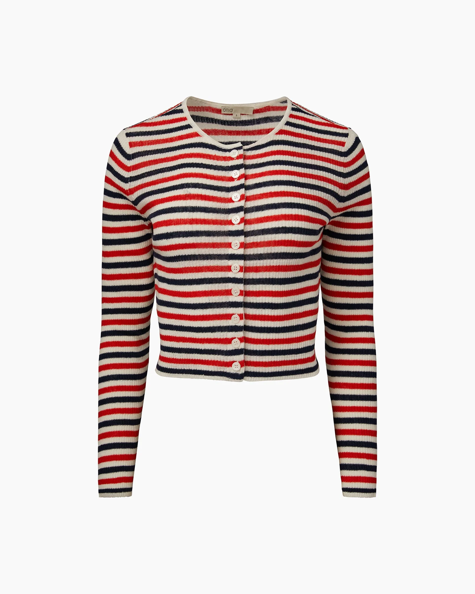 Womens | Linen Rib Cardigan | White/Deep Navy/Poinciana - Image 2