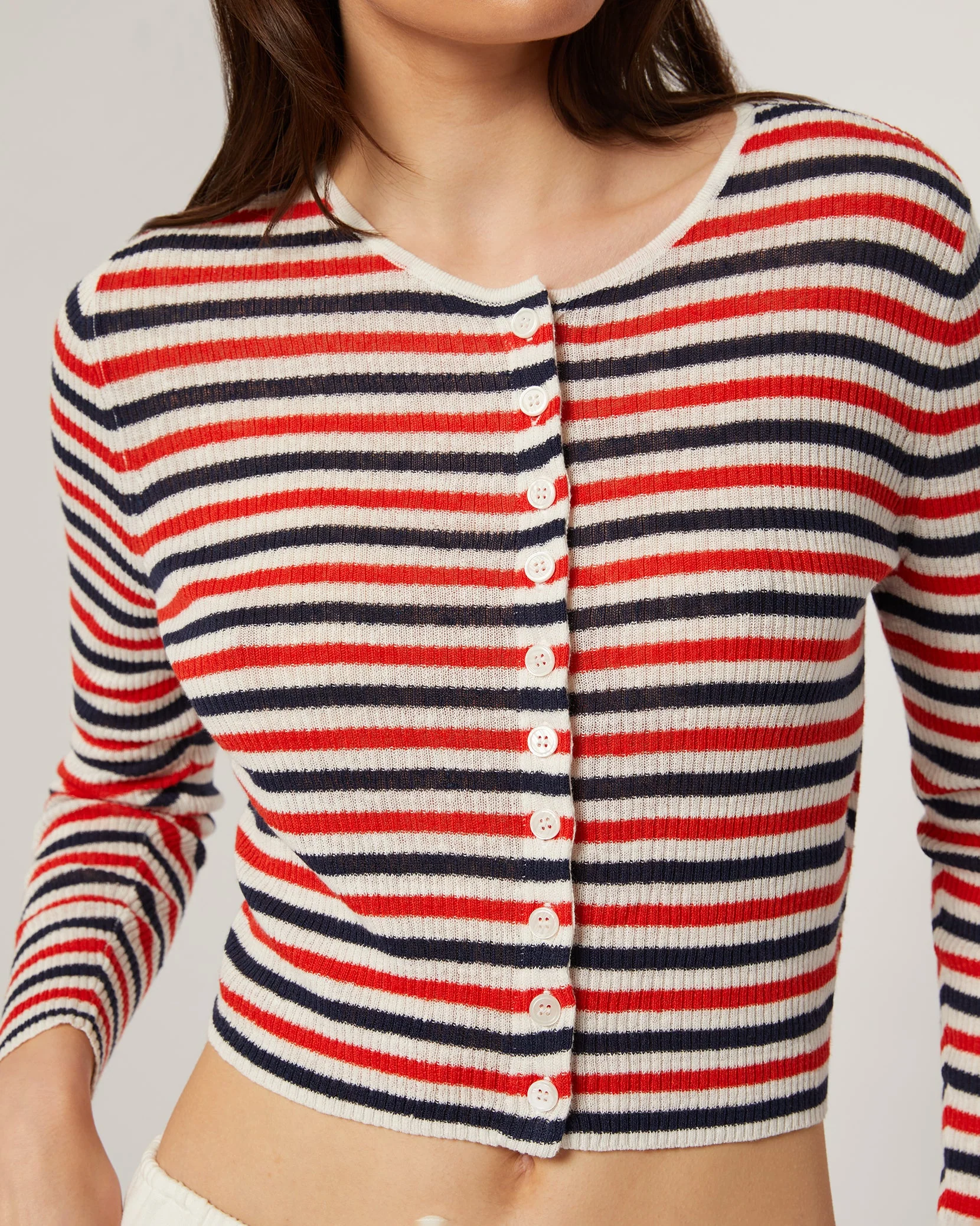 Womens | Linen Rib Cardigan | White/Deep Navy/Poinciana - Image 3