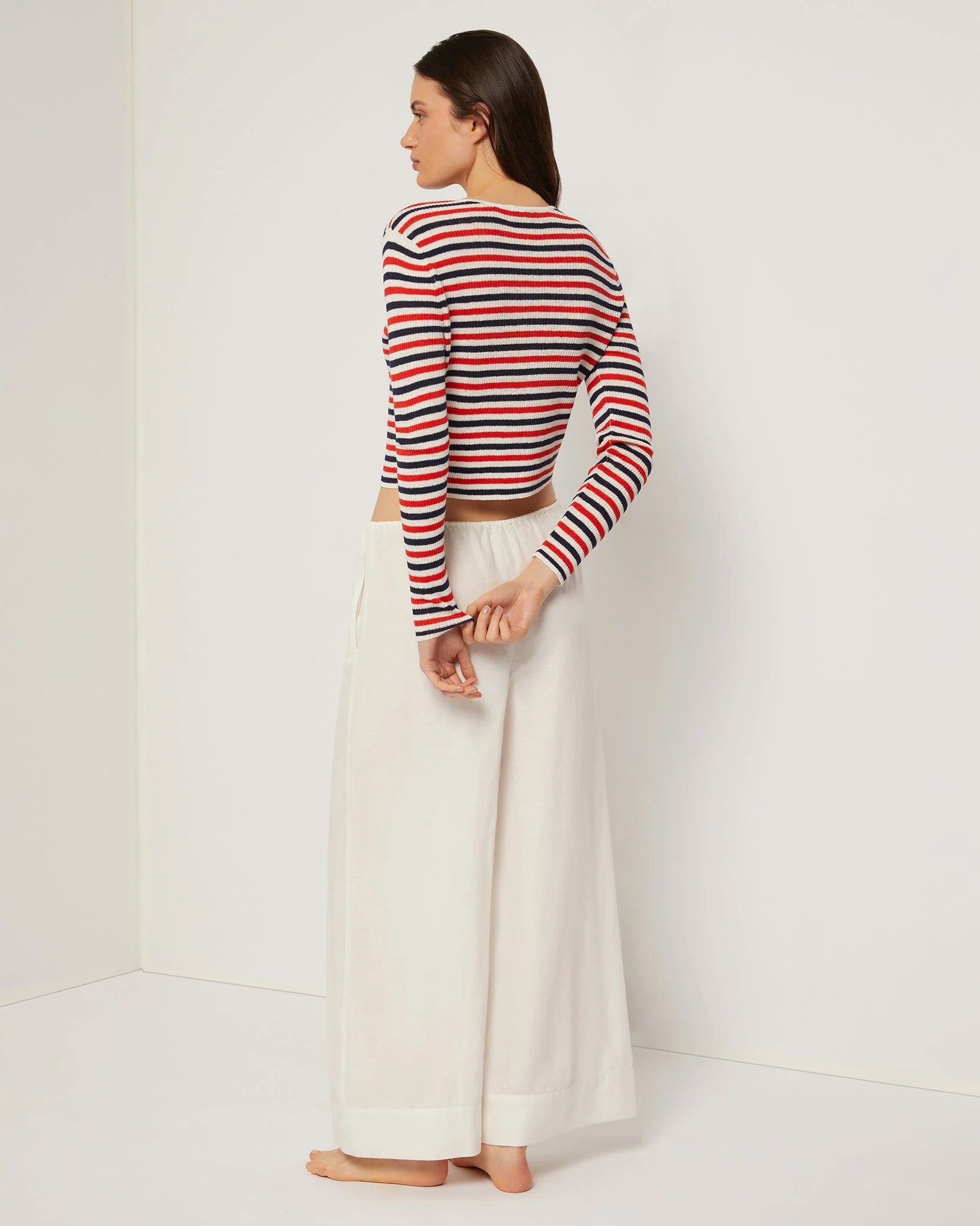 Womens | Linen Rib Cardigan | White/Deep Navy/Poinciana - Image 4