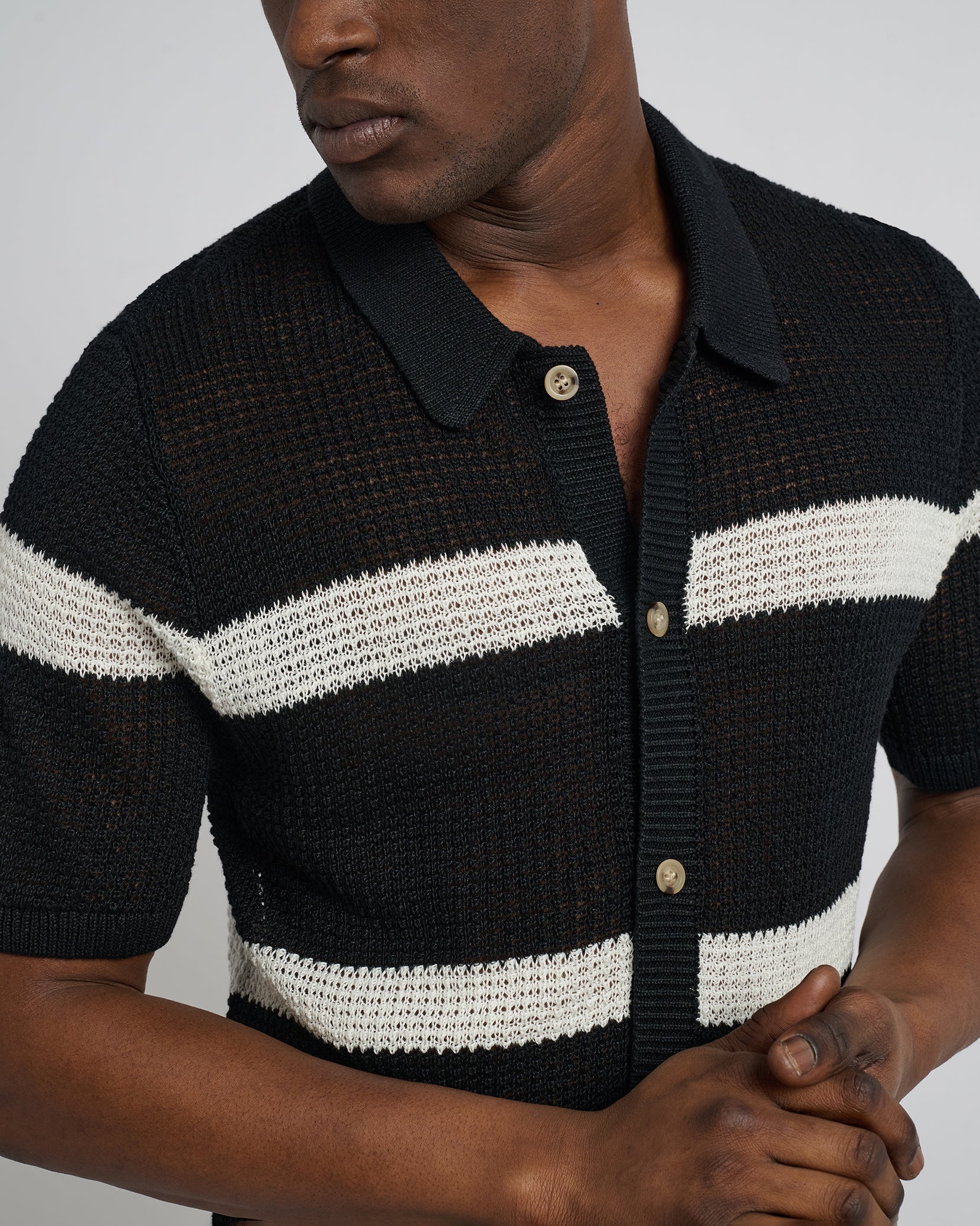 Mens | Linen Short Sleeve Button Up Sweater | Black/Egret - Image 2