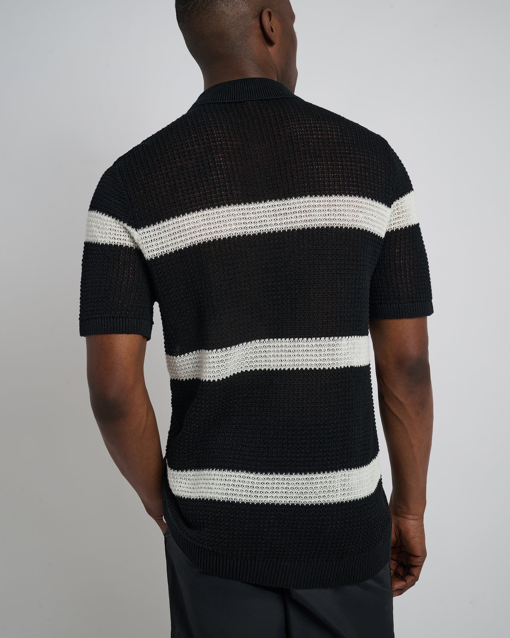 Mens | Linen Short Sleeve Button Up Sweater | Black/Egret - Image 5