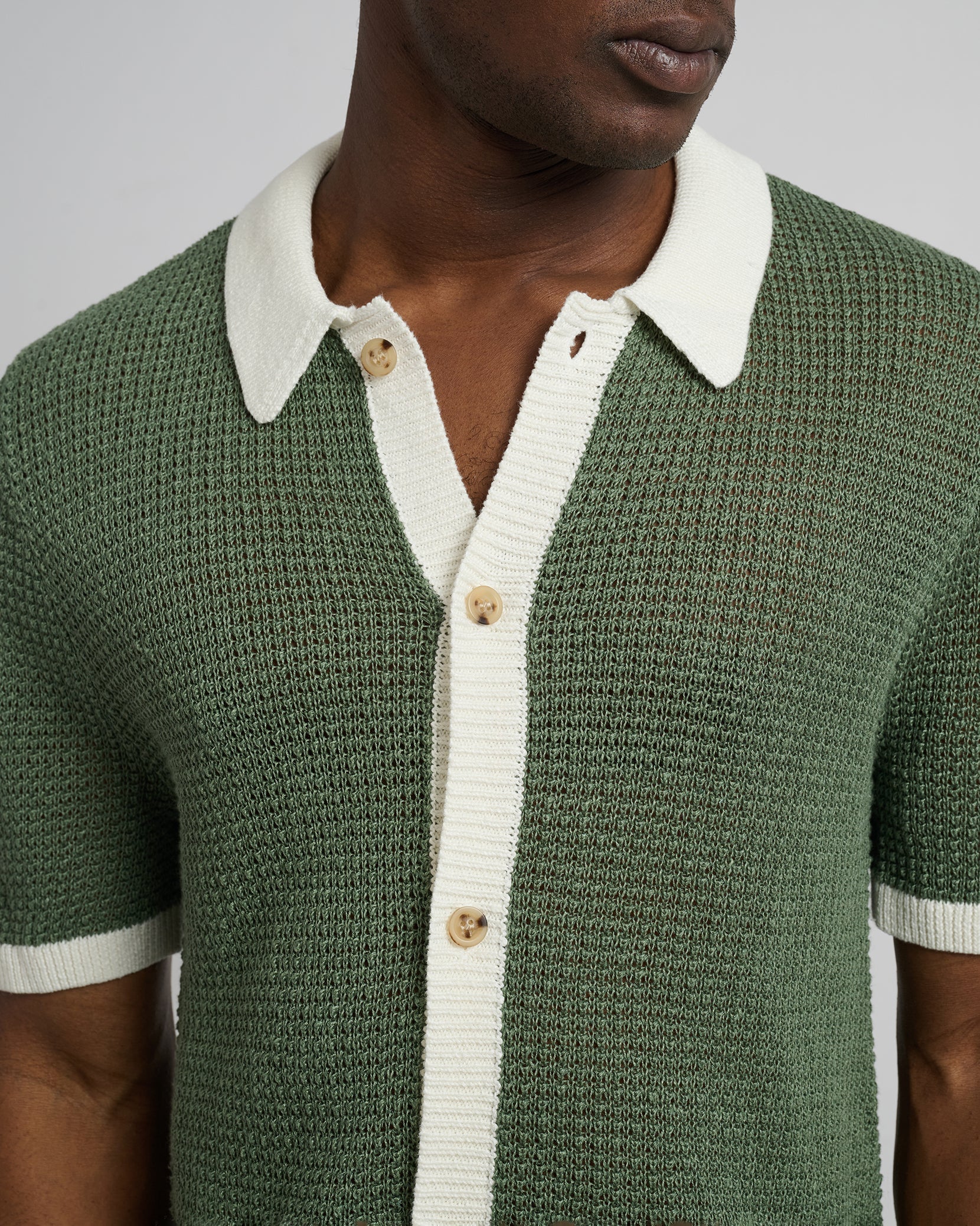 Mens | Linen Short Sleeve Button Up Sweater | Seaspray/White - Image 2