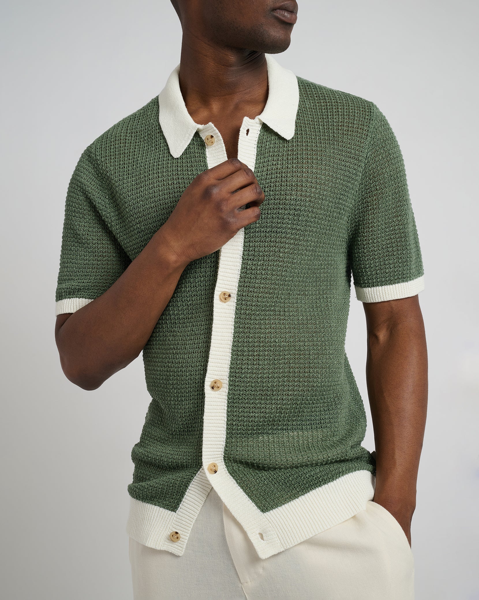 Mens | Linen Short Sleeve Button Up Sweater | Seaspray/White - Image 3