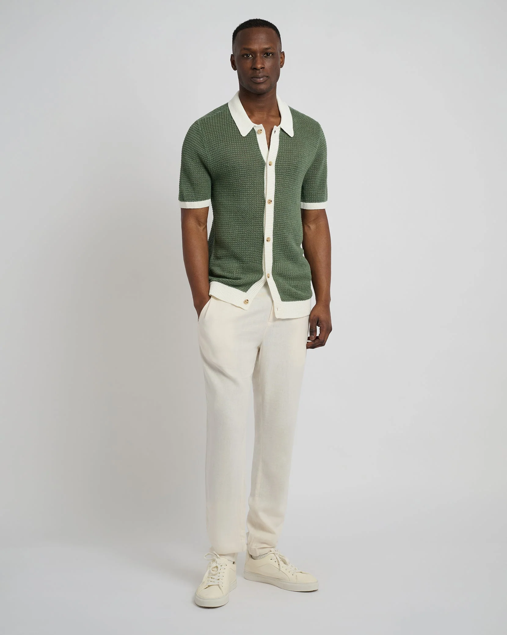 Mens | Linen Short Sleeve Button Up Sweater | Seaspray/White - Image 4