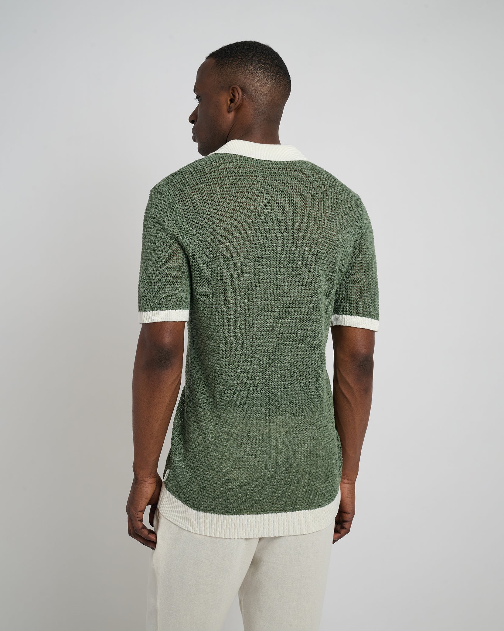 Mens | Linen Short Sleeve Button Up Sweater | Seaspray/White - Image 5