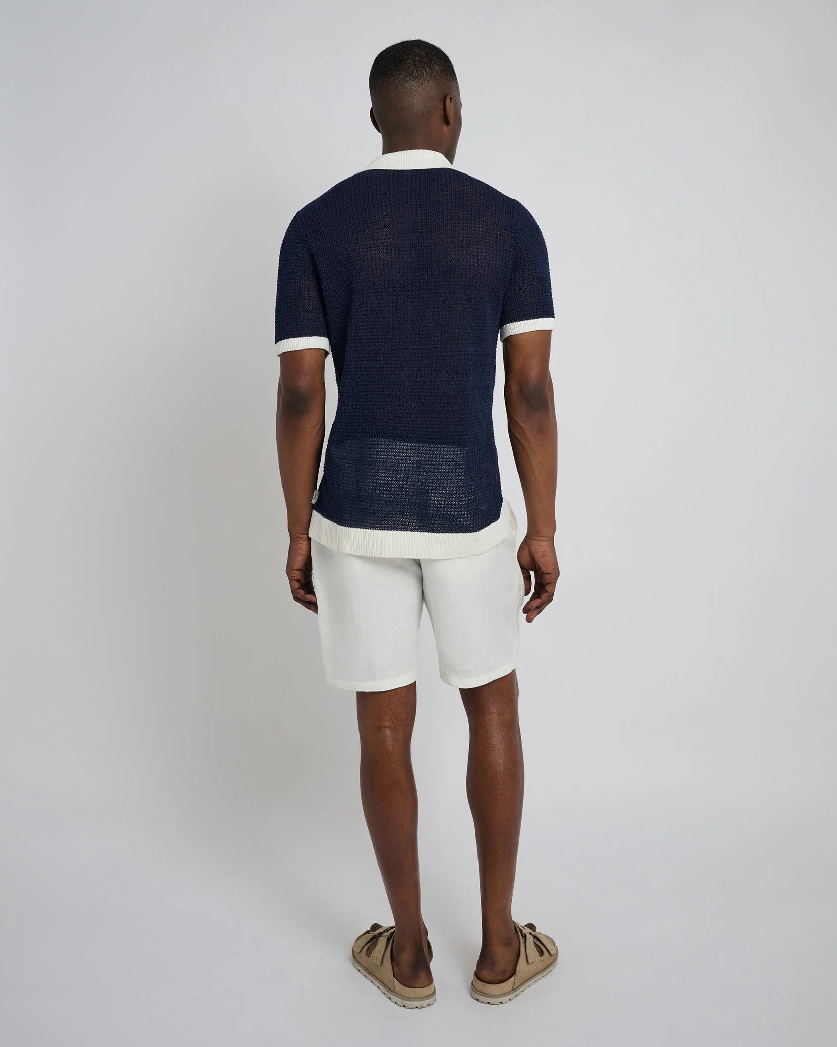 Mens | Linen Short Sleeve Button Up Sweater | Deep Navy/White - Image 5