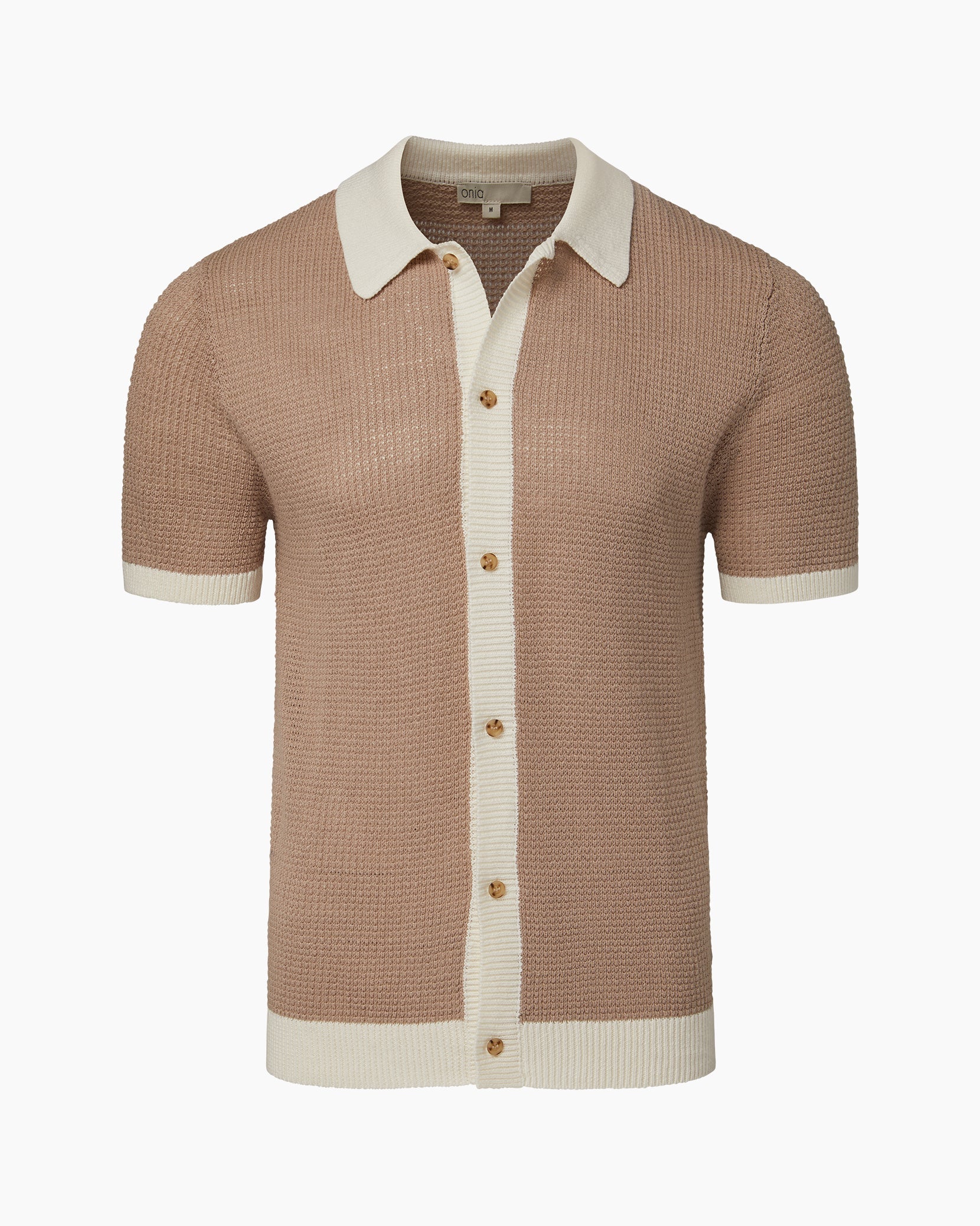 Mens | Linen Short Sleeve Button Up Sweater | Tan/White - Image 2