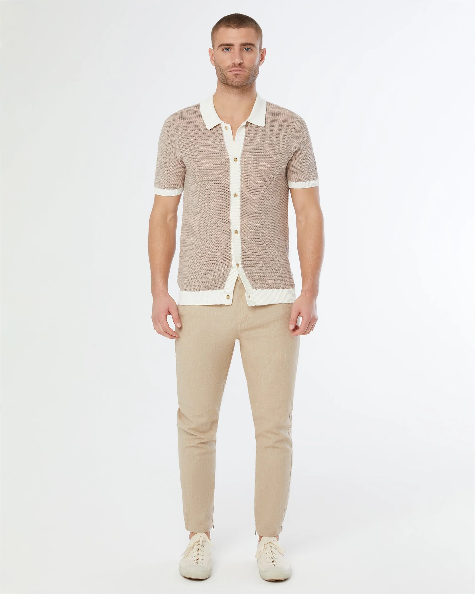 Mens | Linen Short Sleeve Button Up Sweater | Tan/White - Image 3