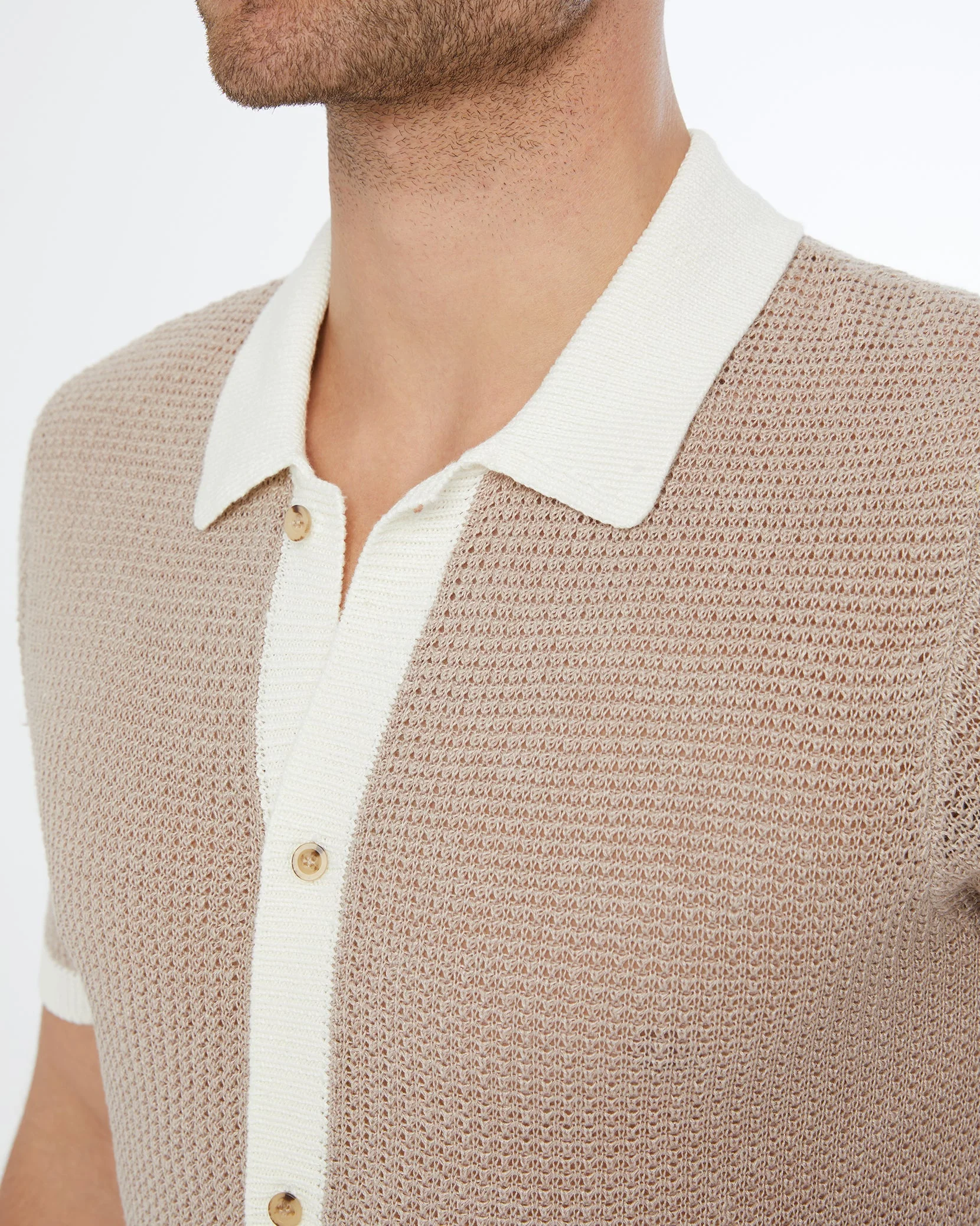 Mens | Linen Short Sleeve Button Up Sweater | Tan/White - Image 4