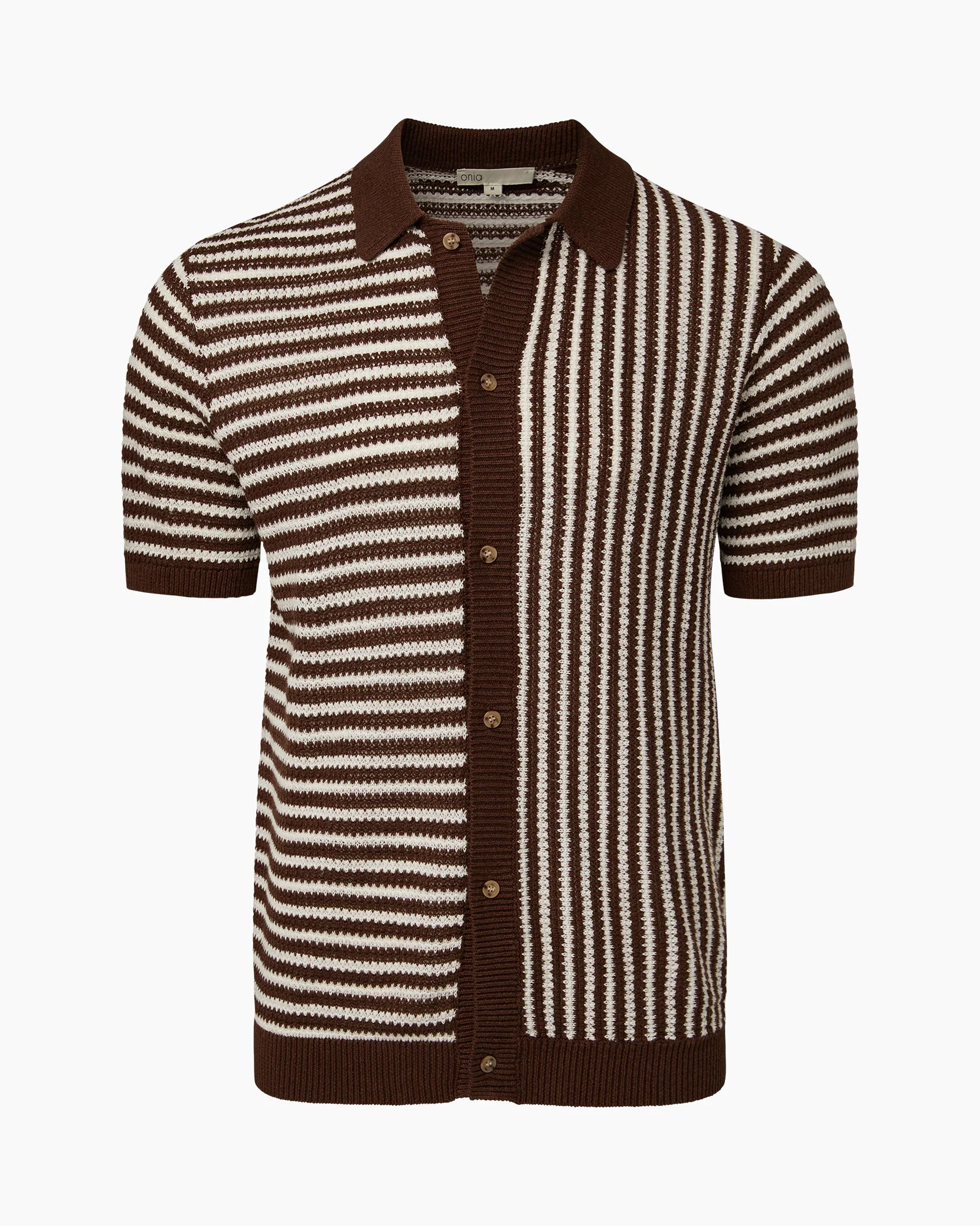 Mens | Linen Short Sleeve Button Up Sweater | Chocolate/White - Image 2