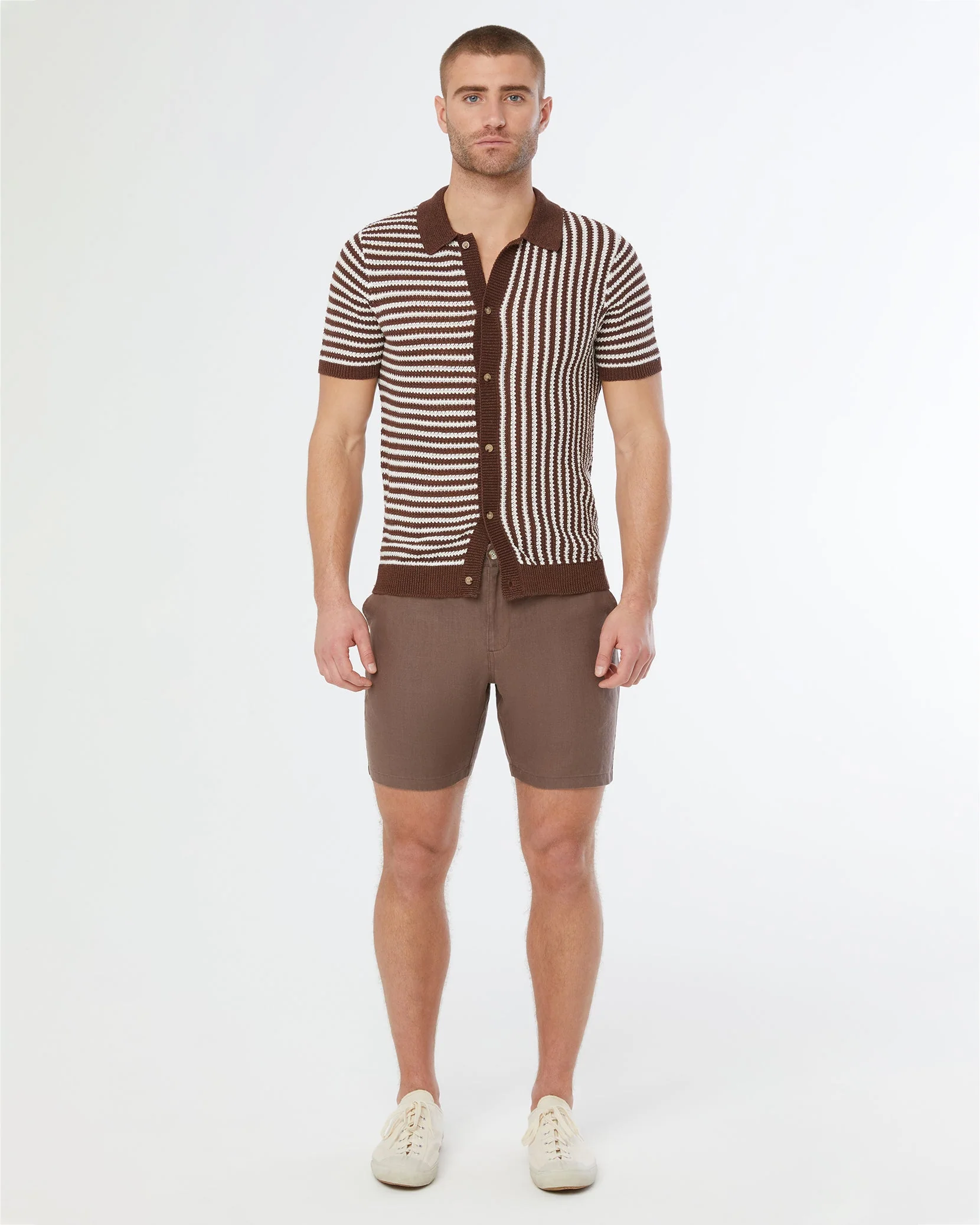 Mens | Linen Short Sleeve Button Up Sweater | Chocolate/White - Image 3