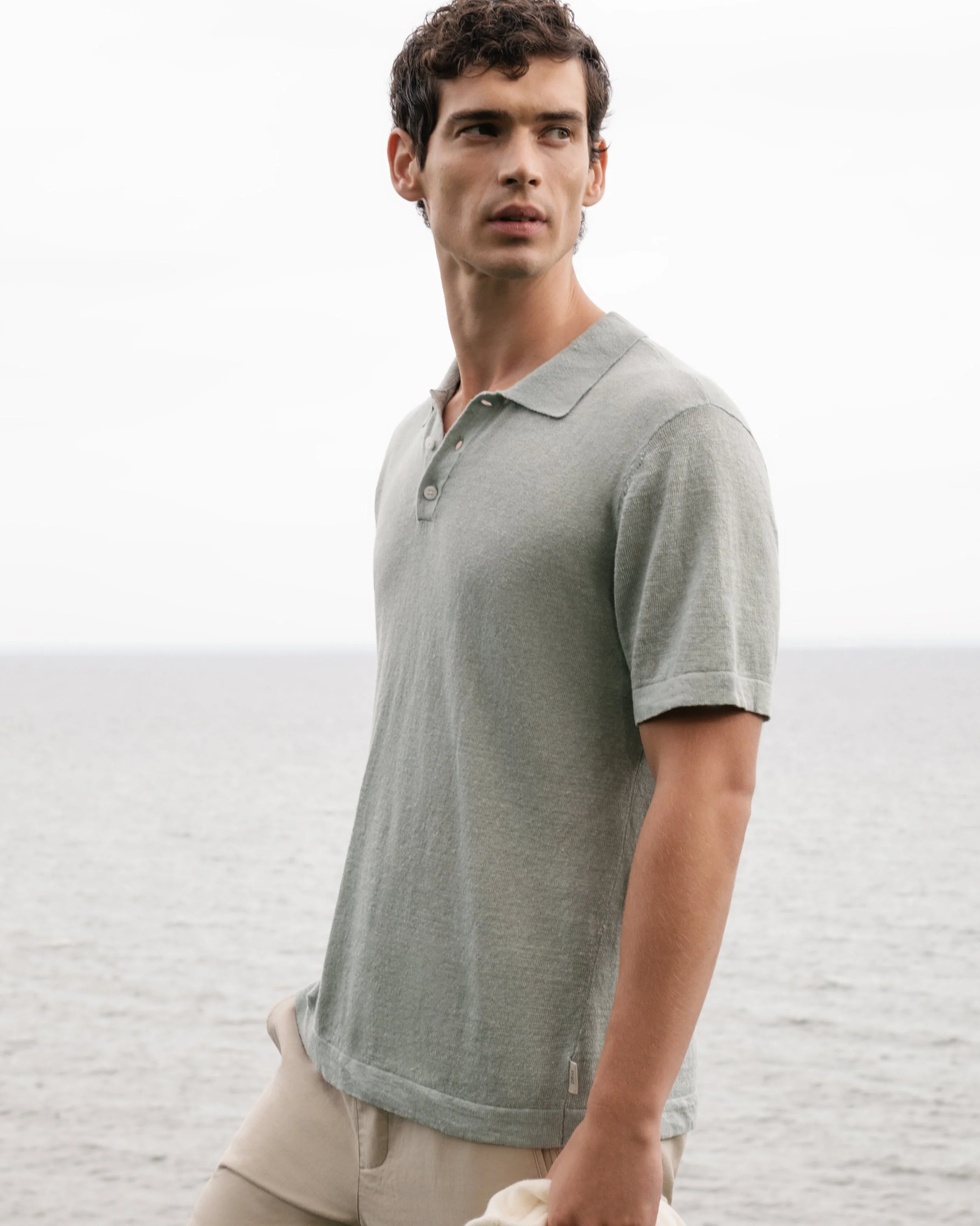 Mens | Linen Sweater Polo | Washed Olive - Image 2