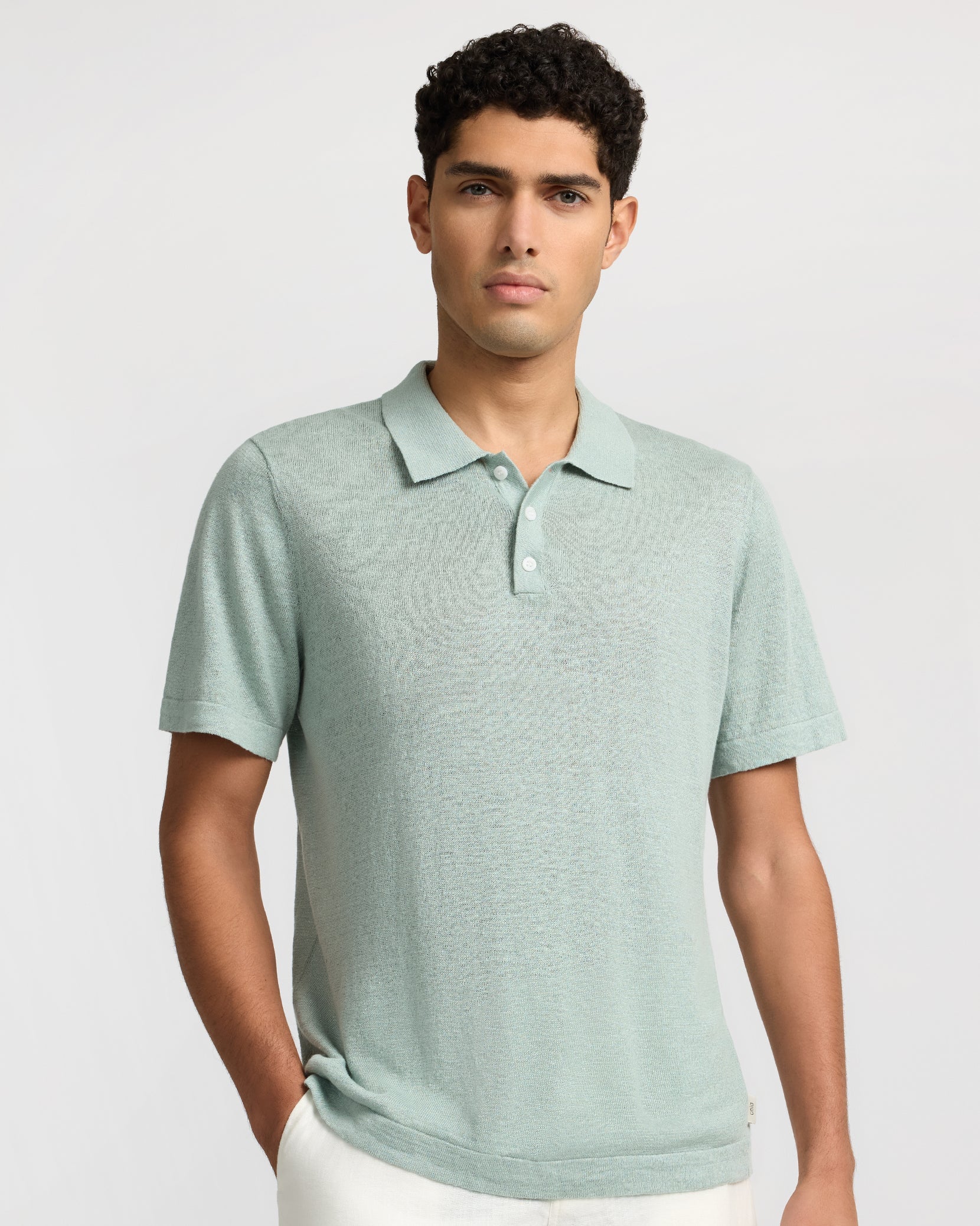 Mens | Linen Sweater Polo | Washed Olive - Image 3
