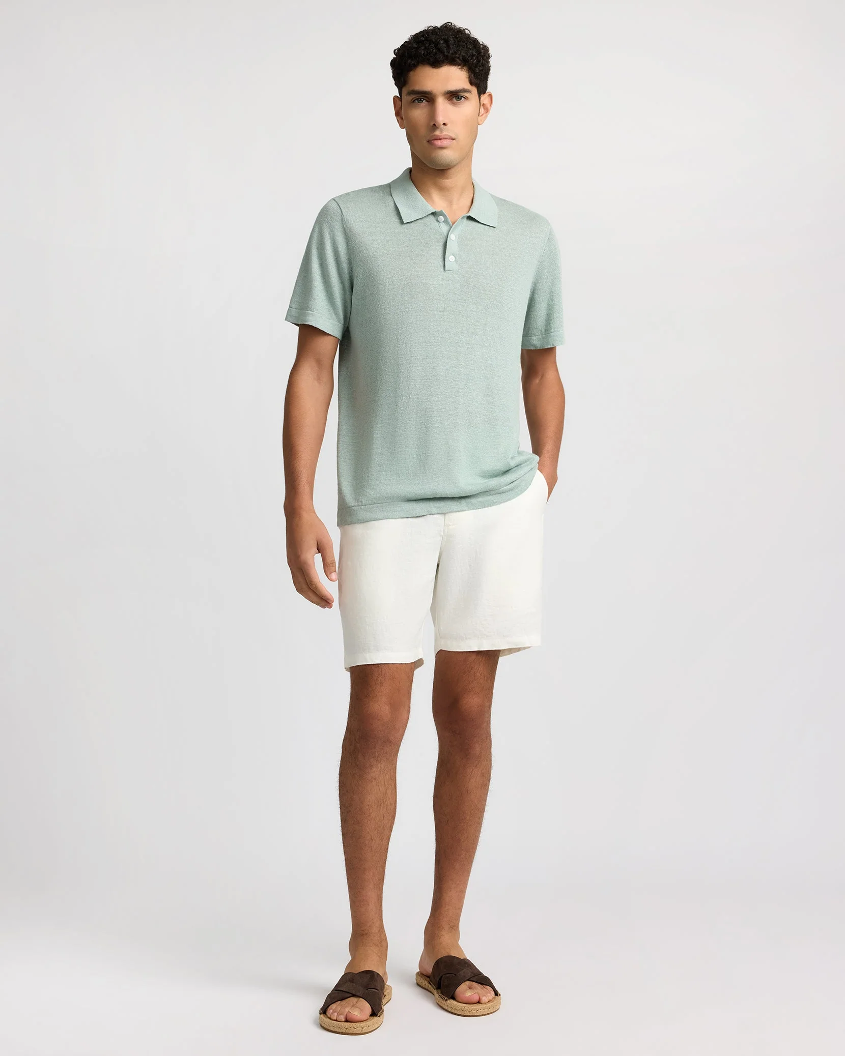 Mens | Linen Sweater Polo | Washed Olive - Image 7