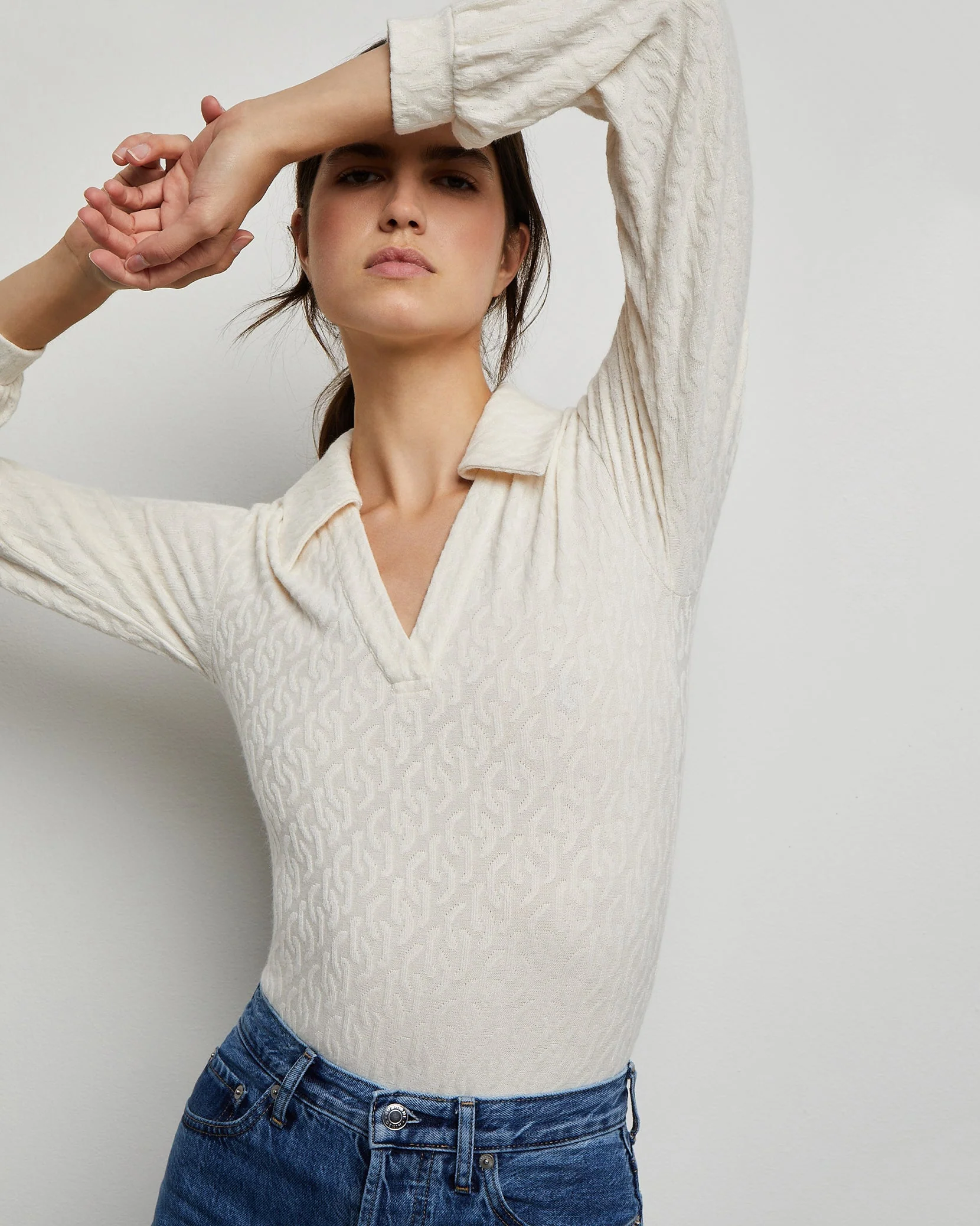 Womens | Long Sleeve Polo Geo Knit Bodysuit | French-Vanilla - Image 5