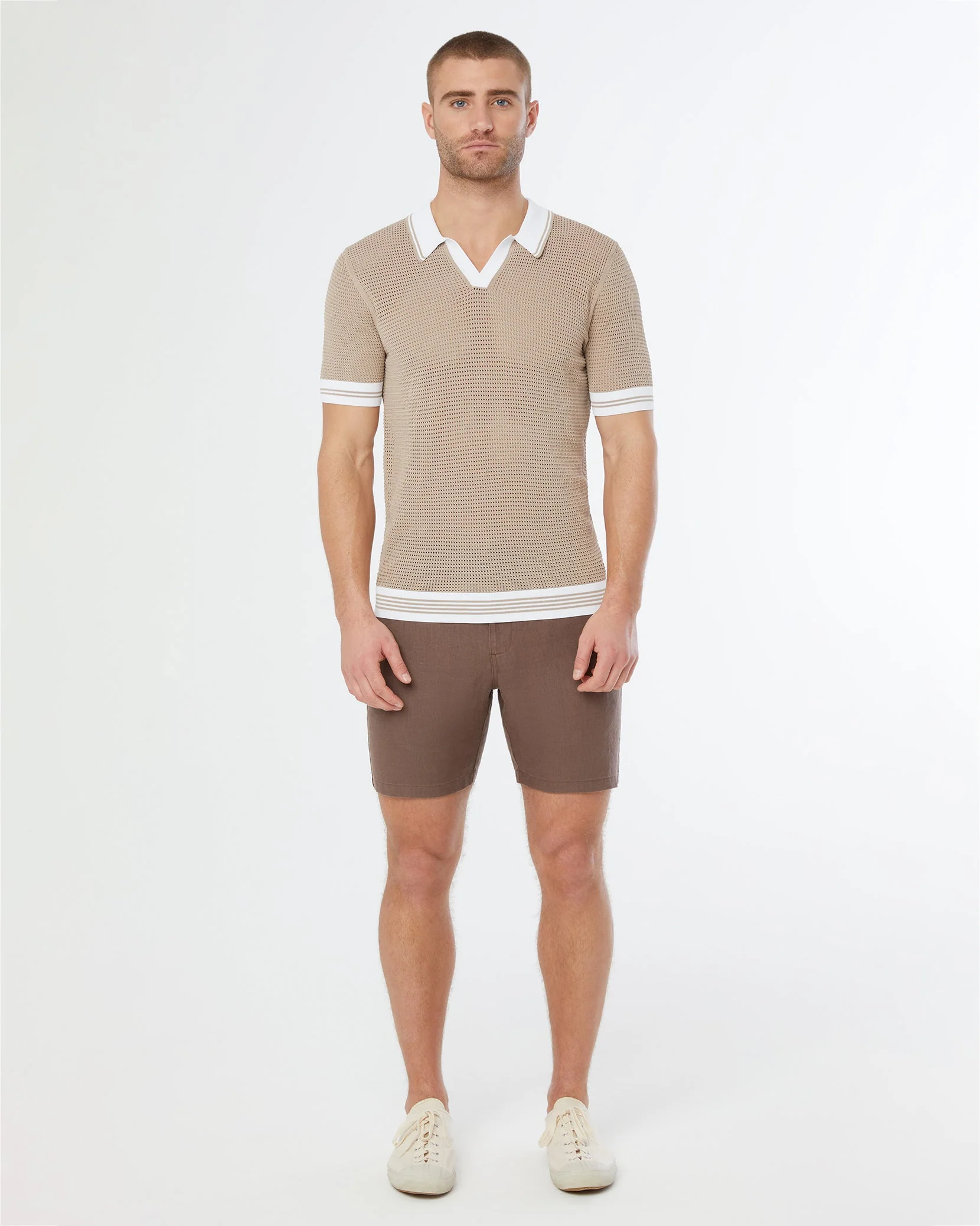 Mens | Mesh Knit Johnny Collar Polo | Tan/White - Image 2