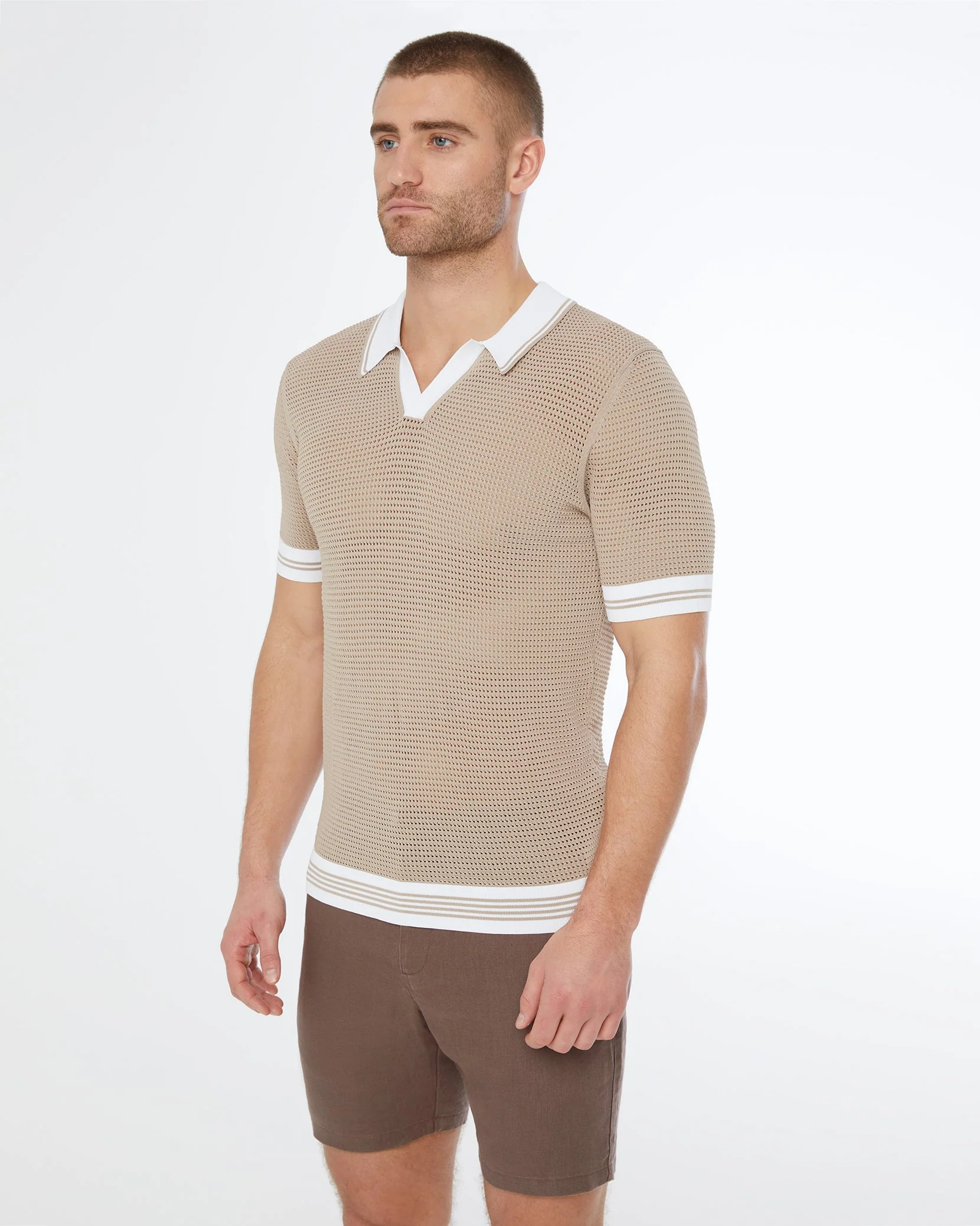 Mens | Mesh Knit Johnny Collar Polo | Tan/White - Image 3