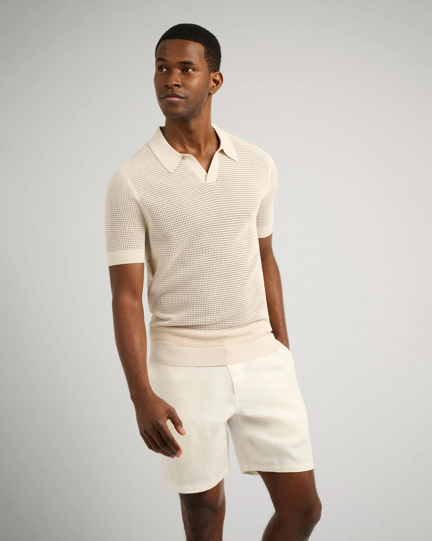 Mens | Mesh Knit Polo | Stone - Image 2