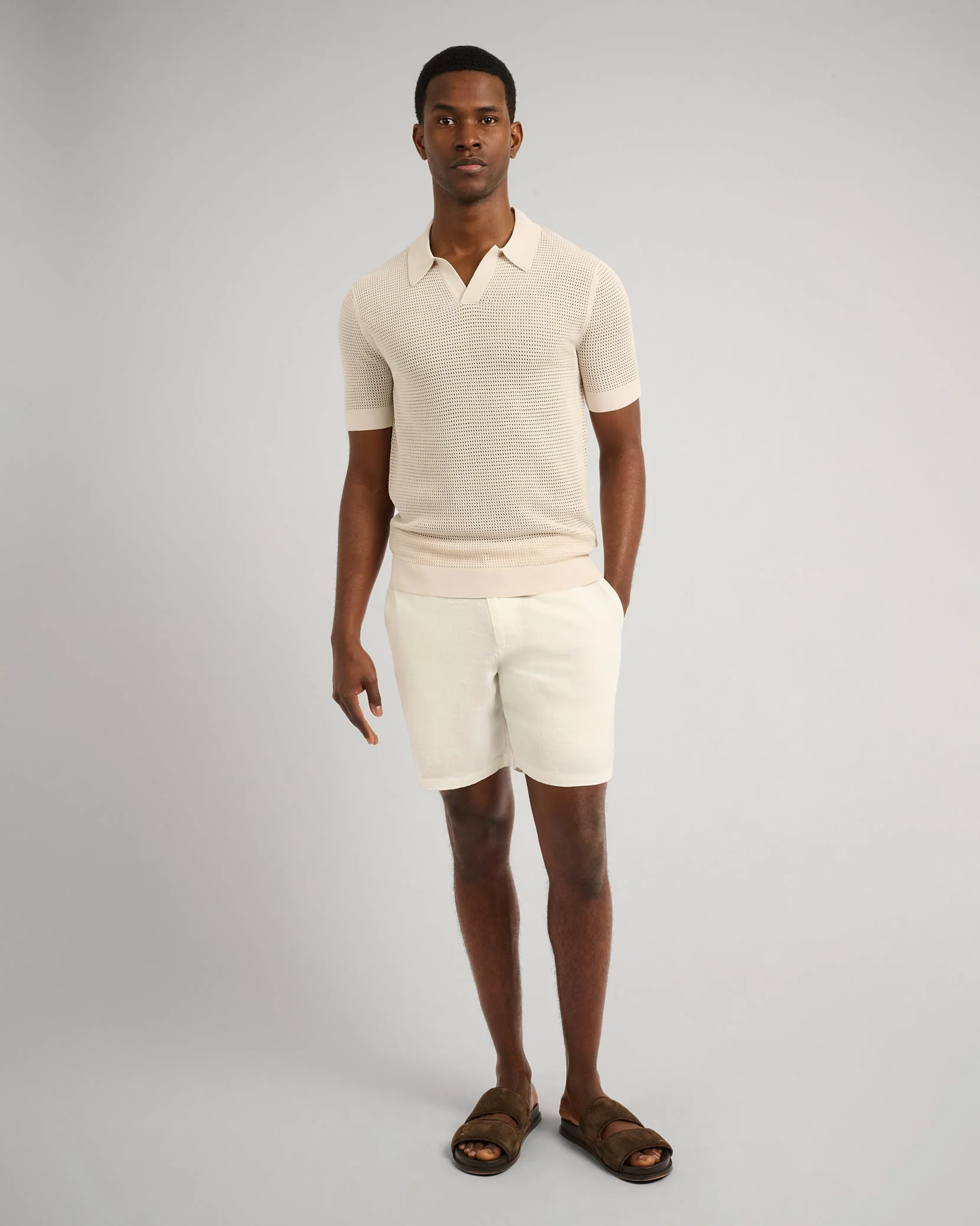 Mens | Mesh Knit Polo | Stone - Image 4