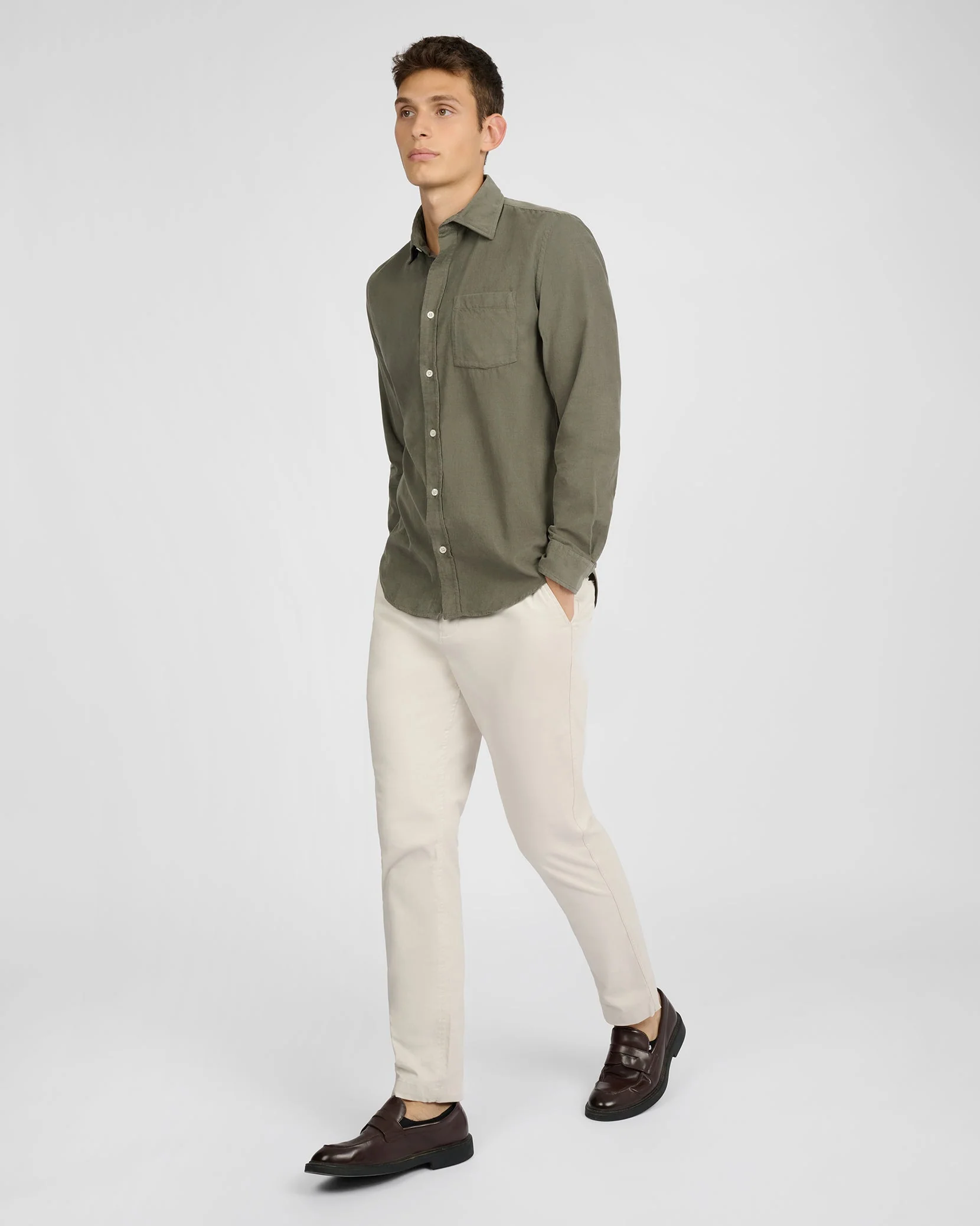 Mens | Micro Cord Long Sleeve Button Down Shirt | Dark Sage - Image 6