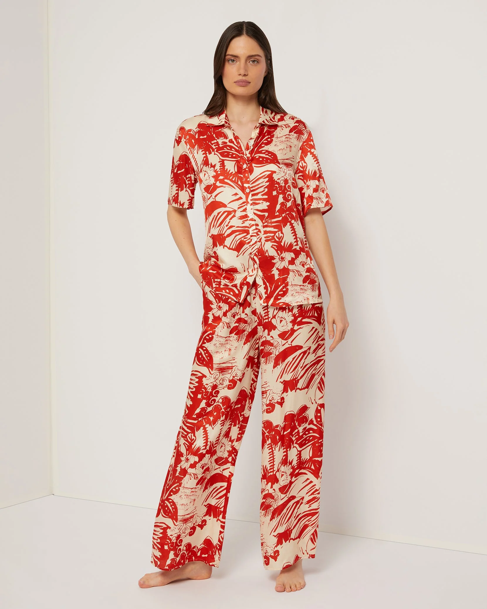 Womens | Oversized Short Sleeve Button Up Shirt | Poinciana/Cream - Image 3