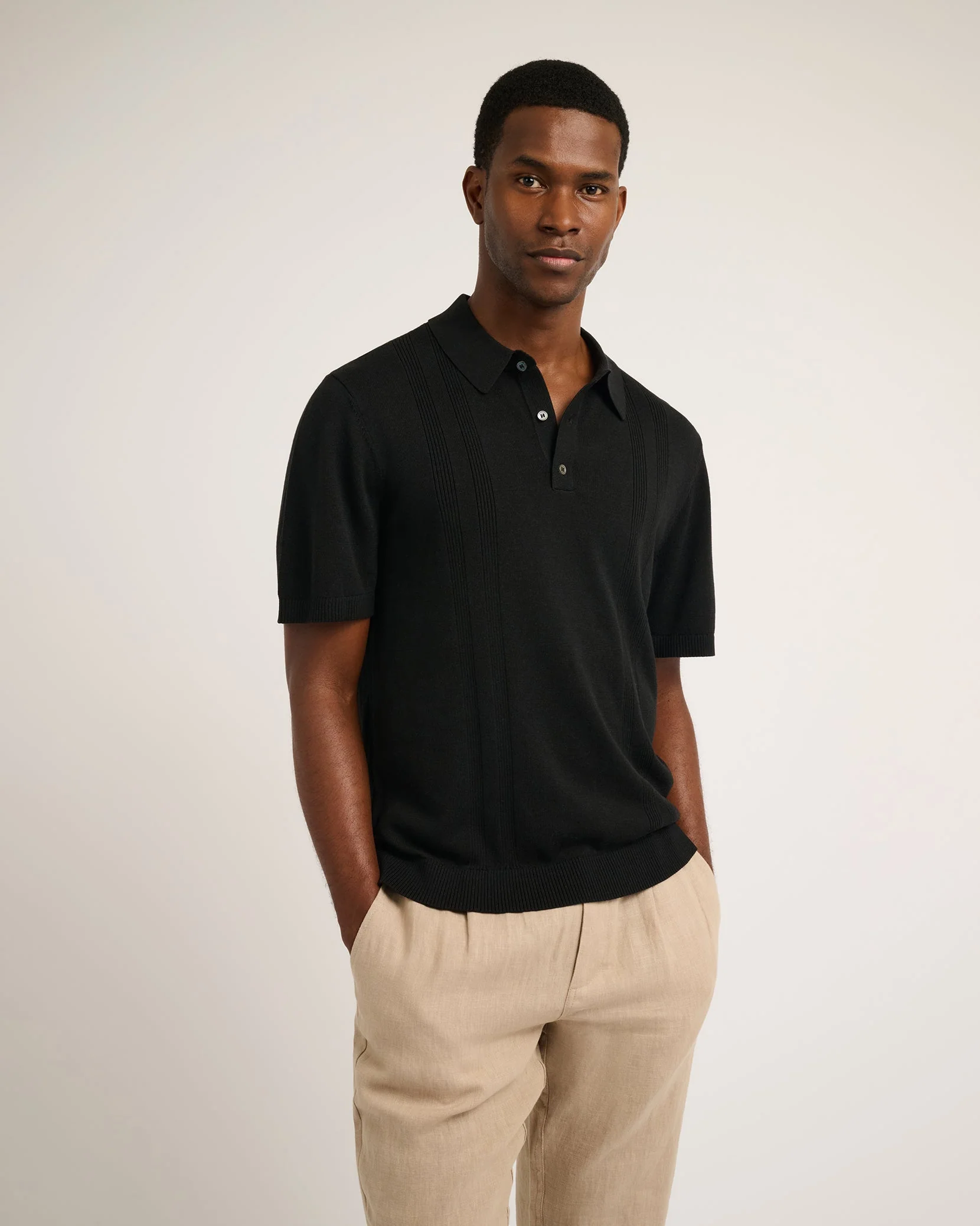Mens | Silk Ribbed Knit Polo | Black - Image 2