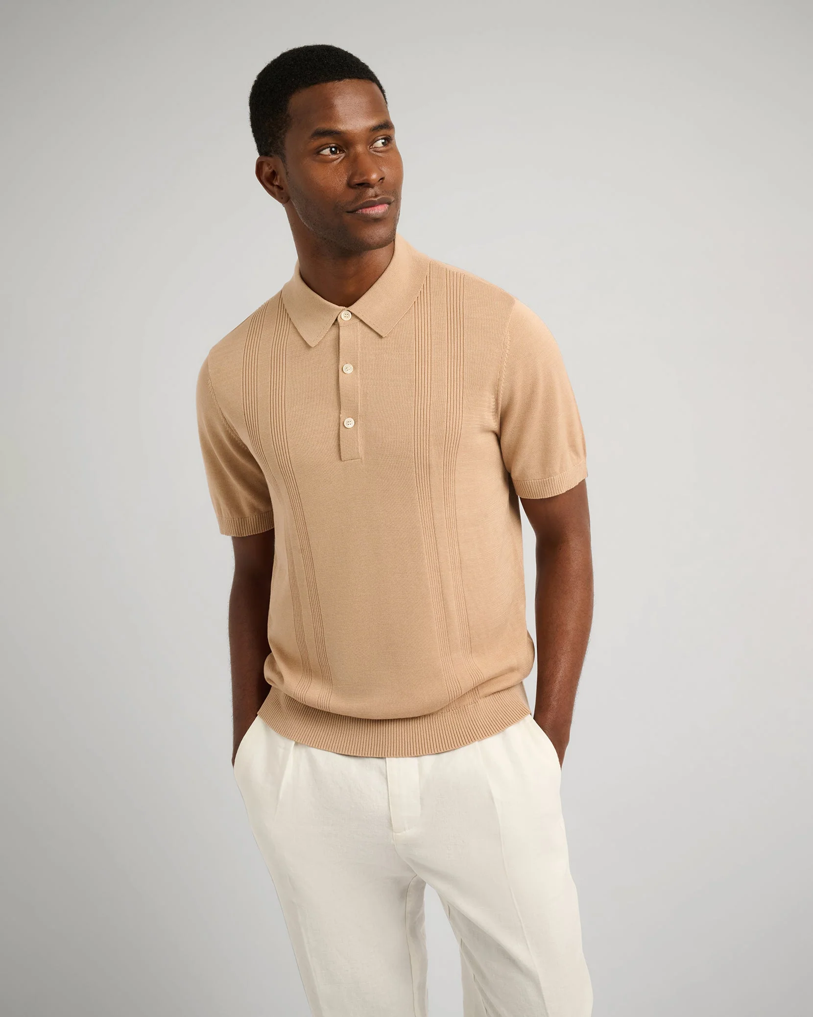 Mens | Silk Ribbed Knit Polo | Tan - Image 2