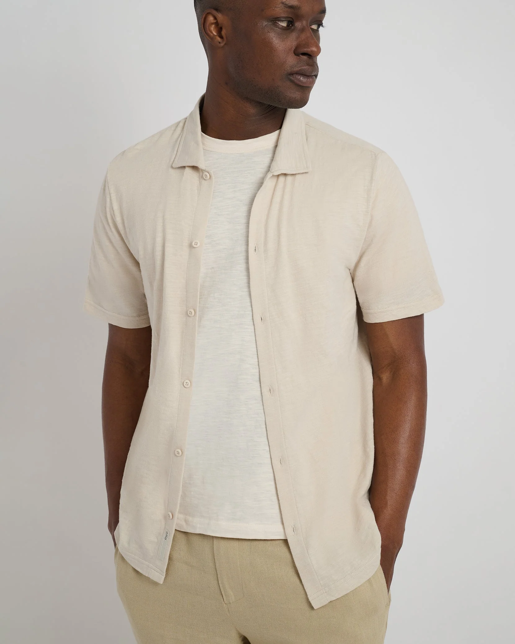 Mens | Slub Short Sleeve Button-up Shirt | Stone - Image 2