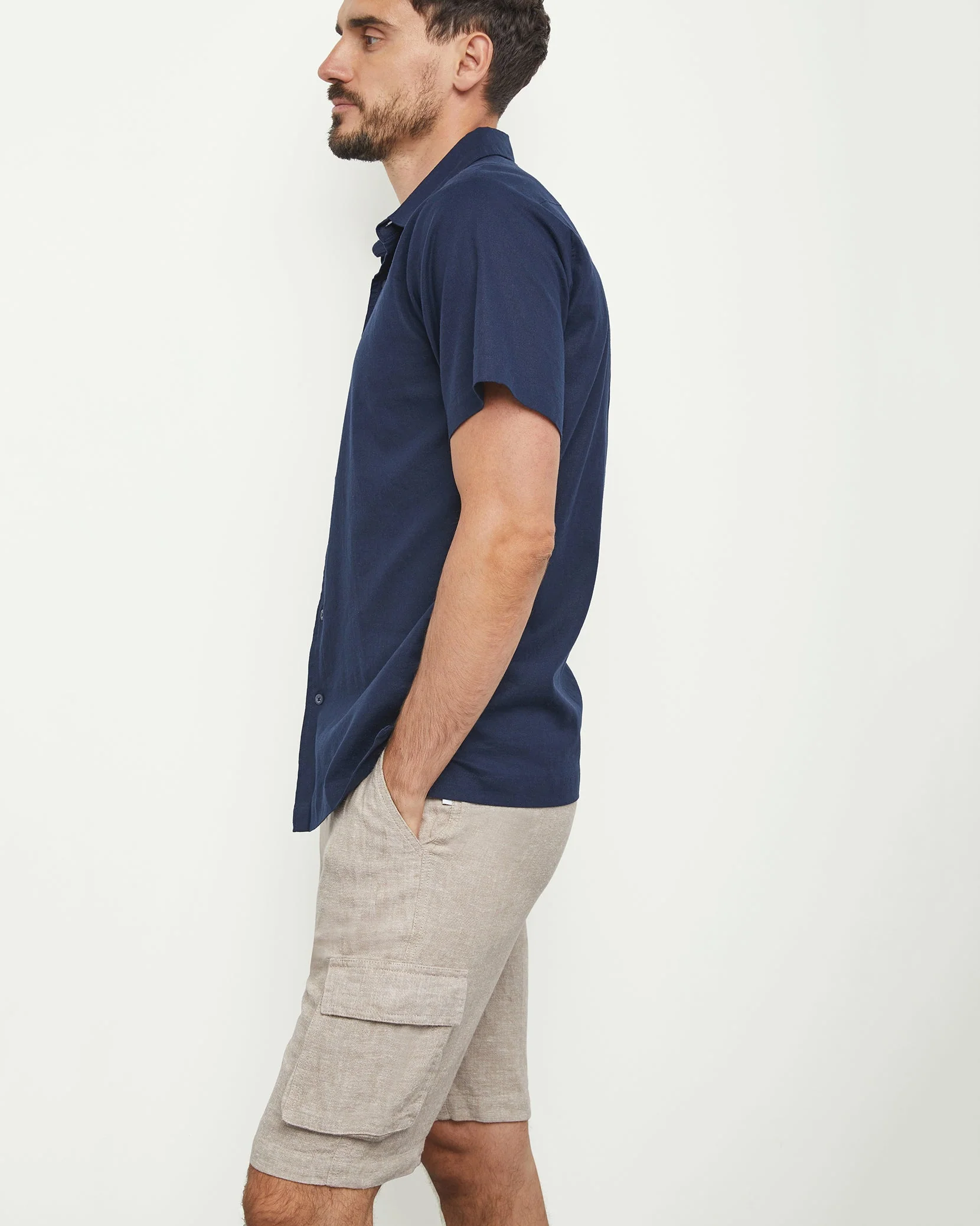 Mens | Stretch Linen Pull On Cargo Short | Navy - Image 7