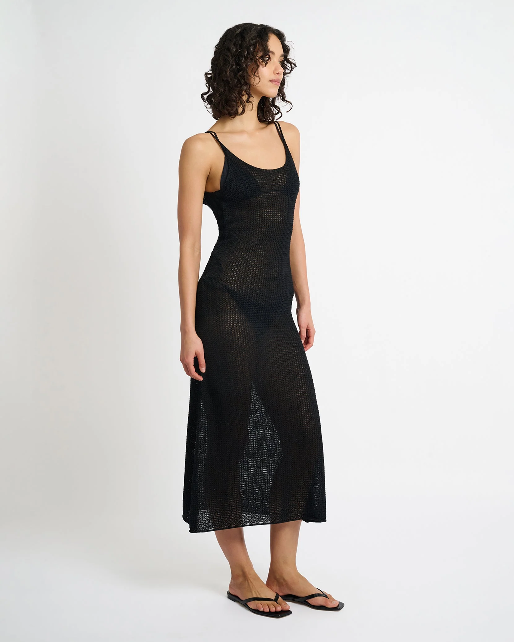 Womens | Textured Linen Sweater Scoop Maxi Dress | Black - Image 3