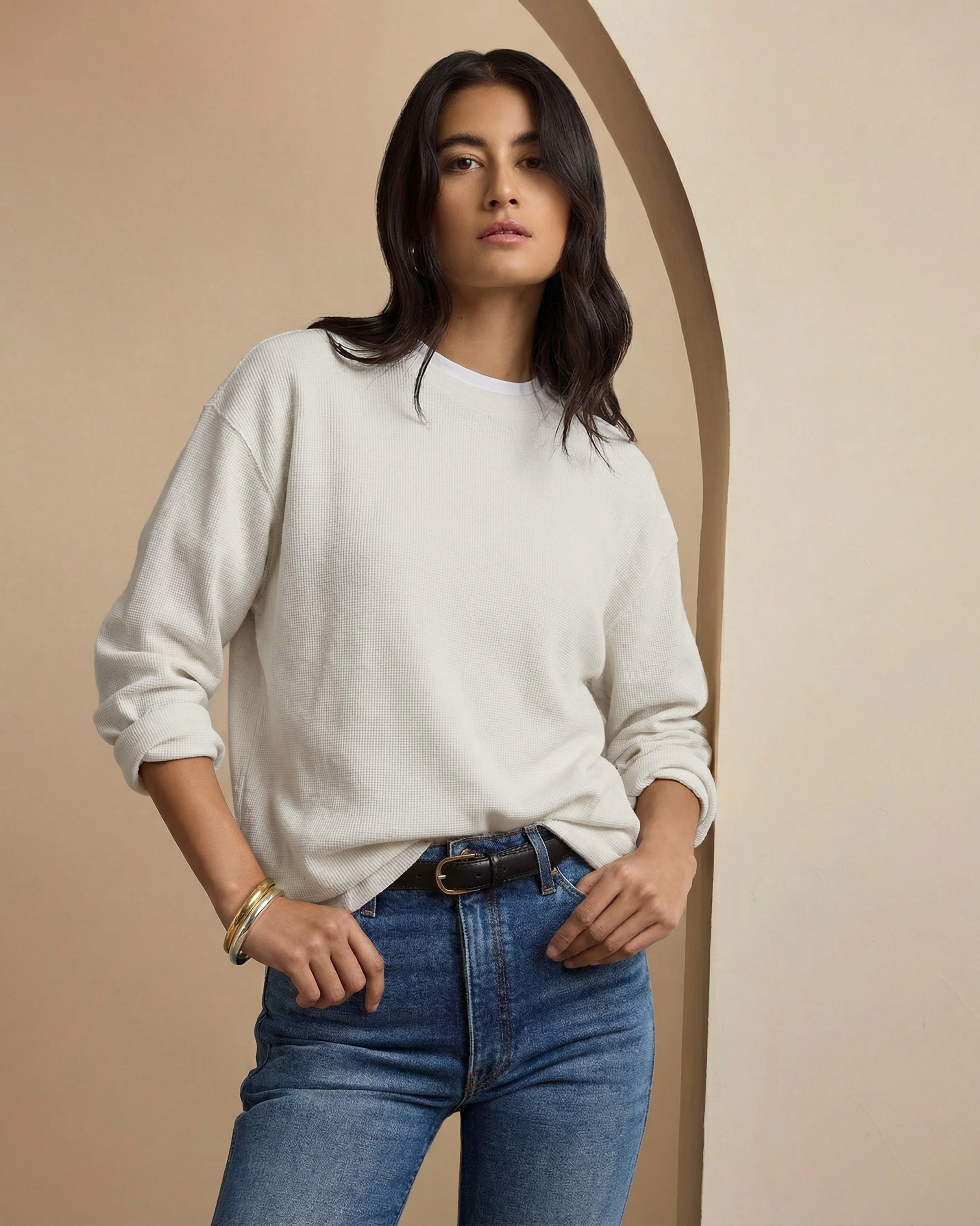 Mens | Waffle Crewneck Sweater | Egret - Image 3