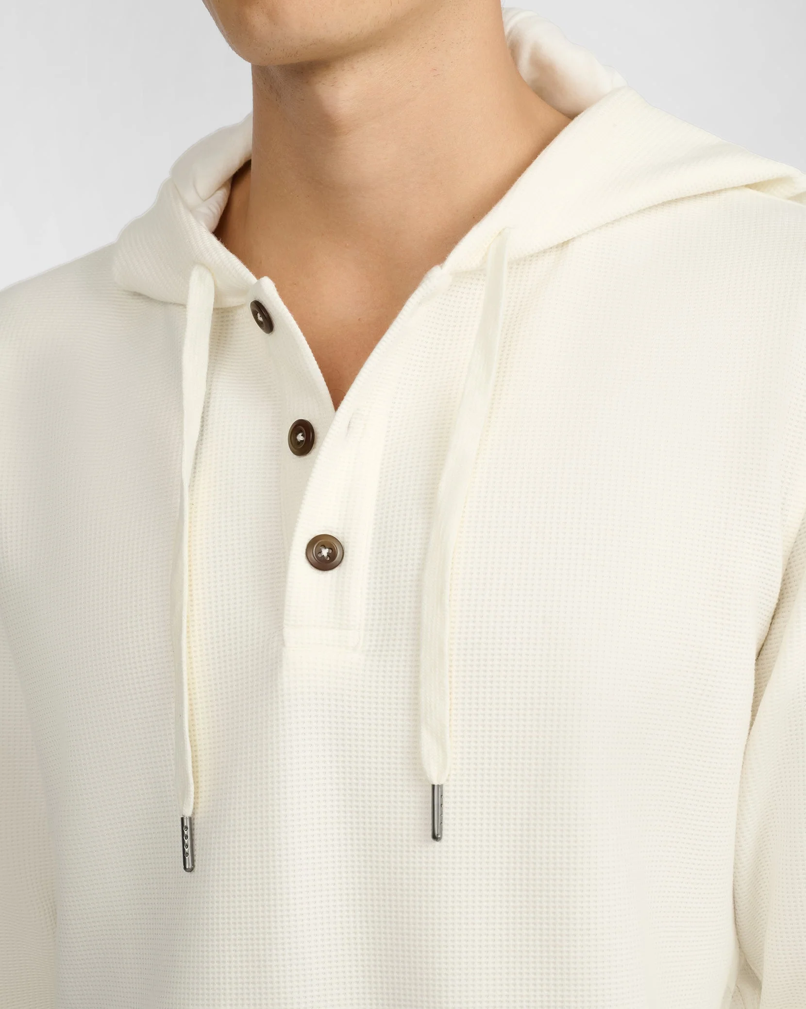 Mens | Waffle Half Button Hoodie | Egret - Image 3